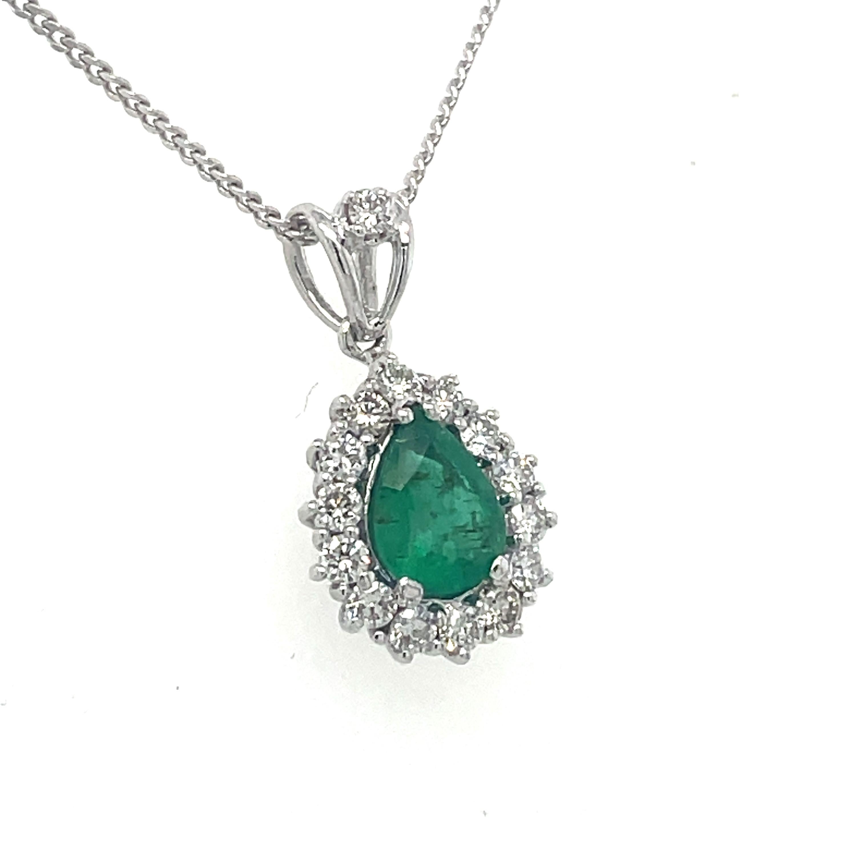 Emerald Necklace Pendant - 0.59ct Emerald and 0.5ct Diamond Halo, 18K White Gold For Sale 6