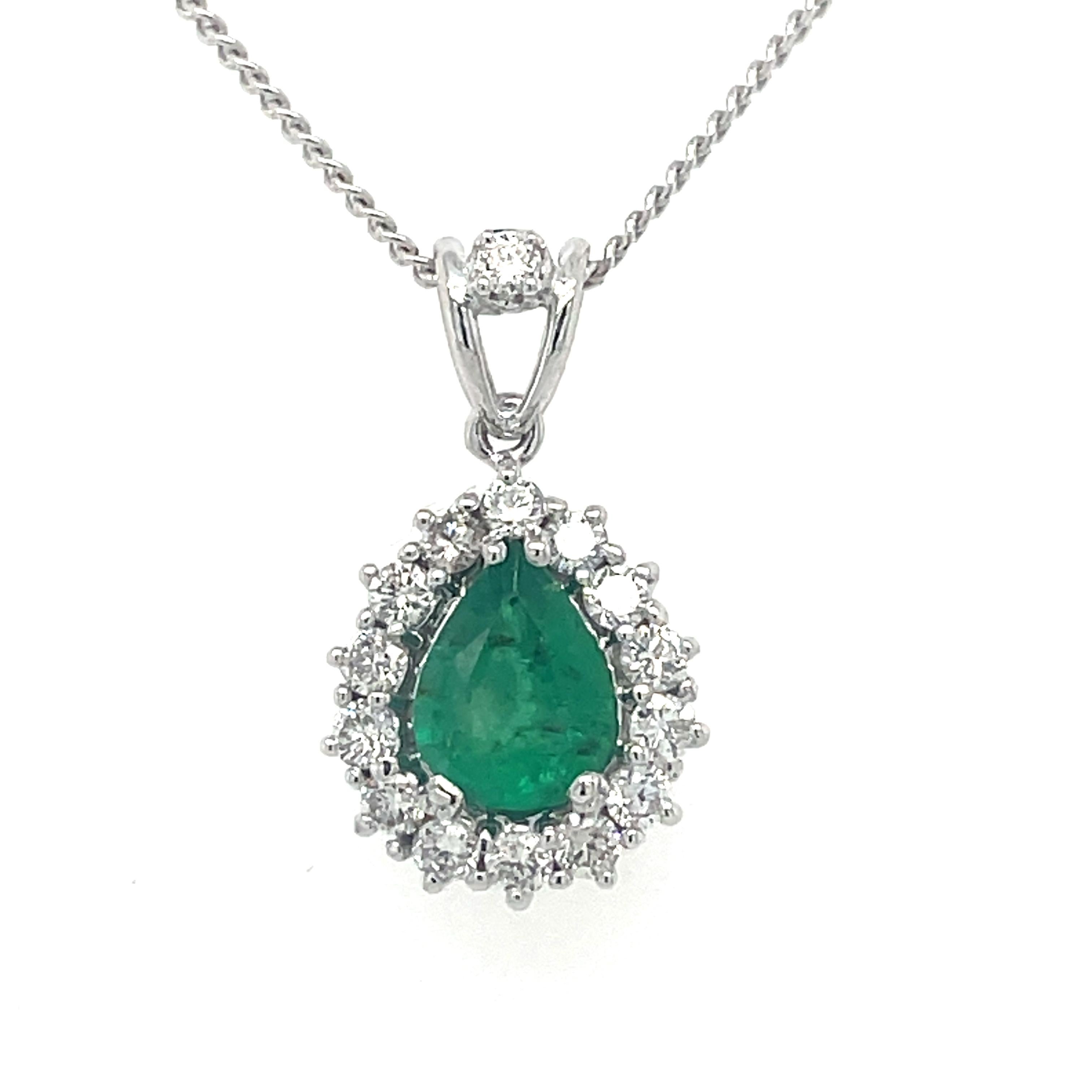 Emerald Necklace Pendant - 0.59ct Emerald and 0.5ct Diamond Halo, 18K White Gold For Sale 8