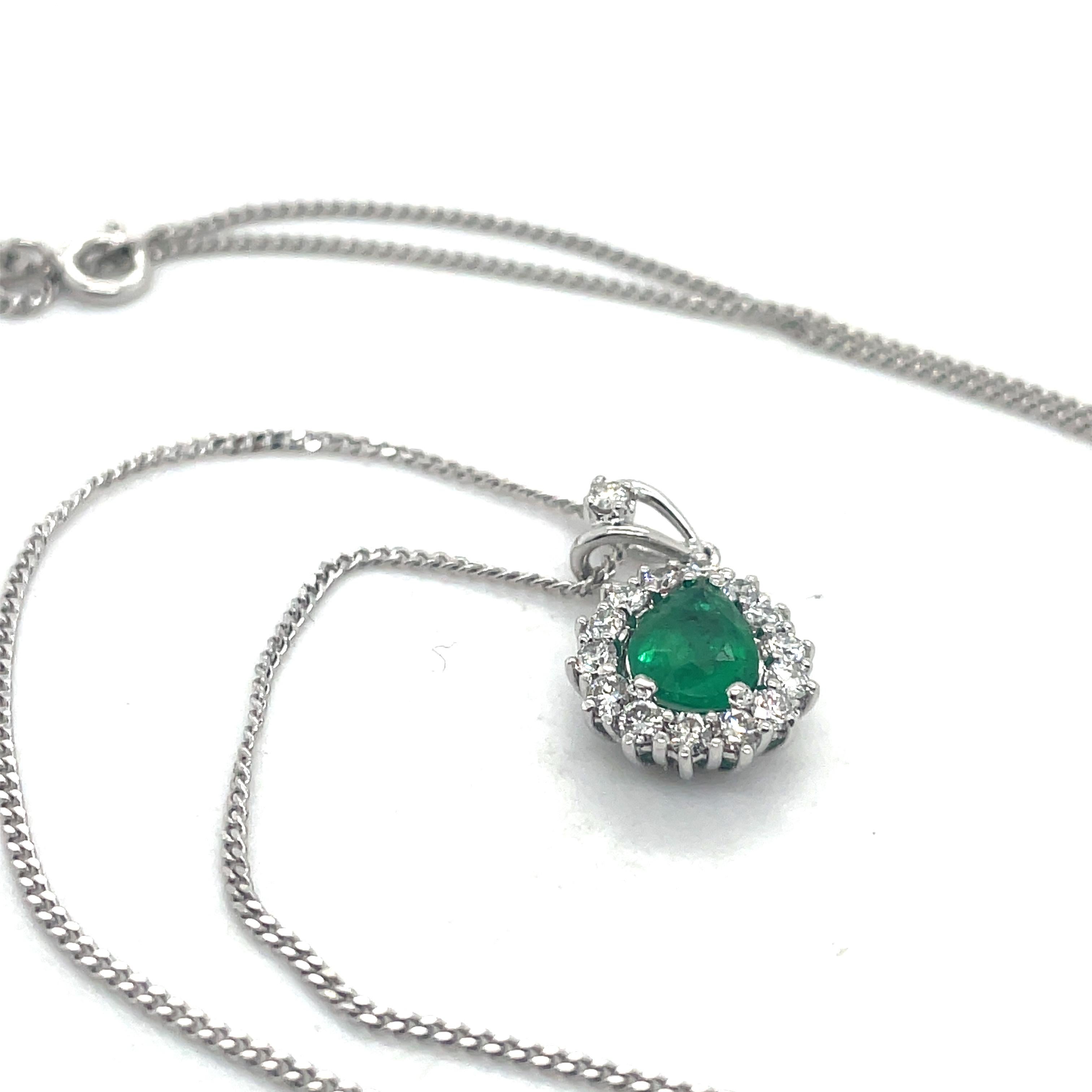 Pear Cut Emerald Necklace Pendant - 0.59ct Emerald and 0.5ct Diamond Halo, 18K White Gold For Sale