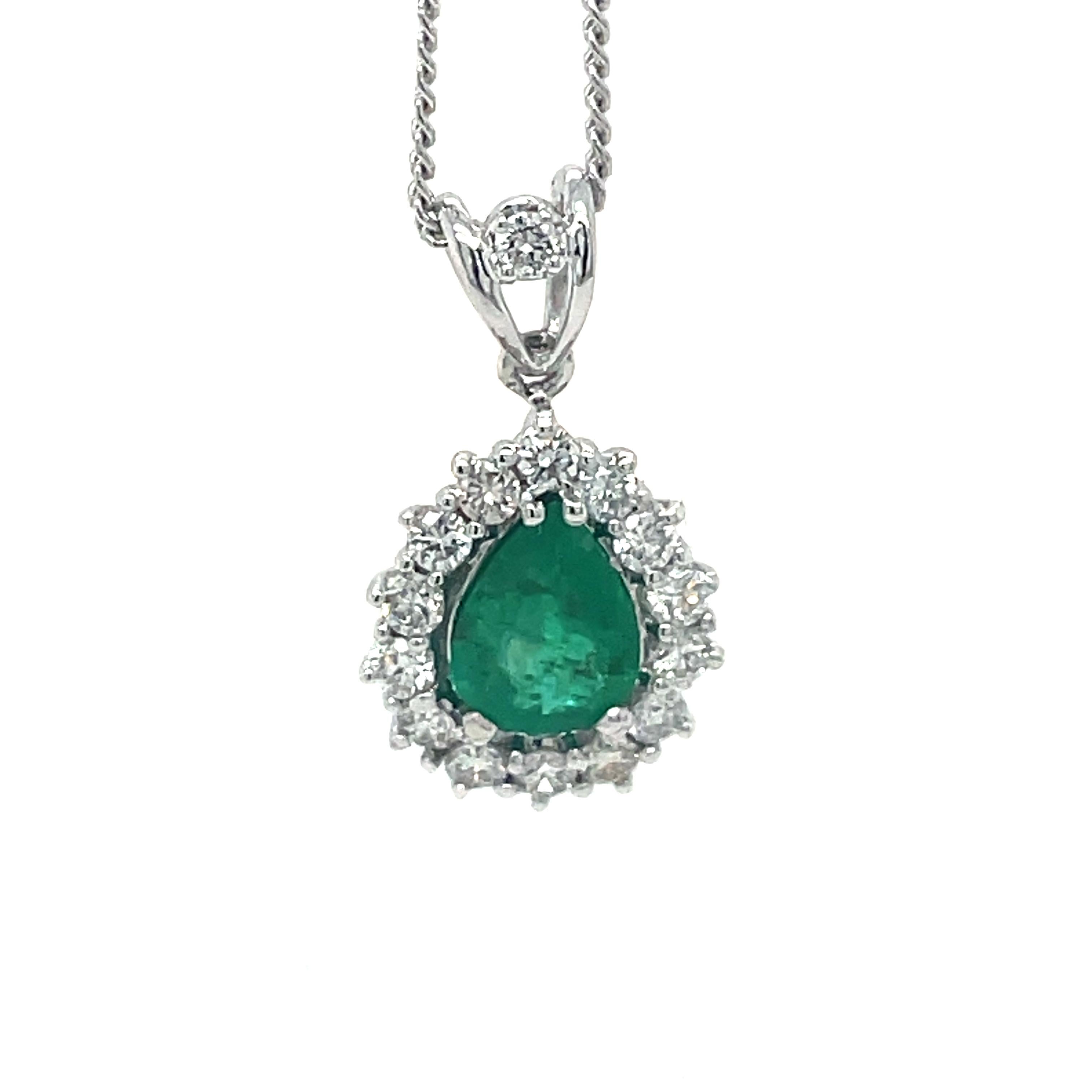 Women's Emerald Necklace Pendant - 0.59ct Emerald and 0.5ct Diamond Halo, 18K White Gold For Sale