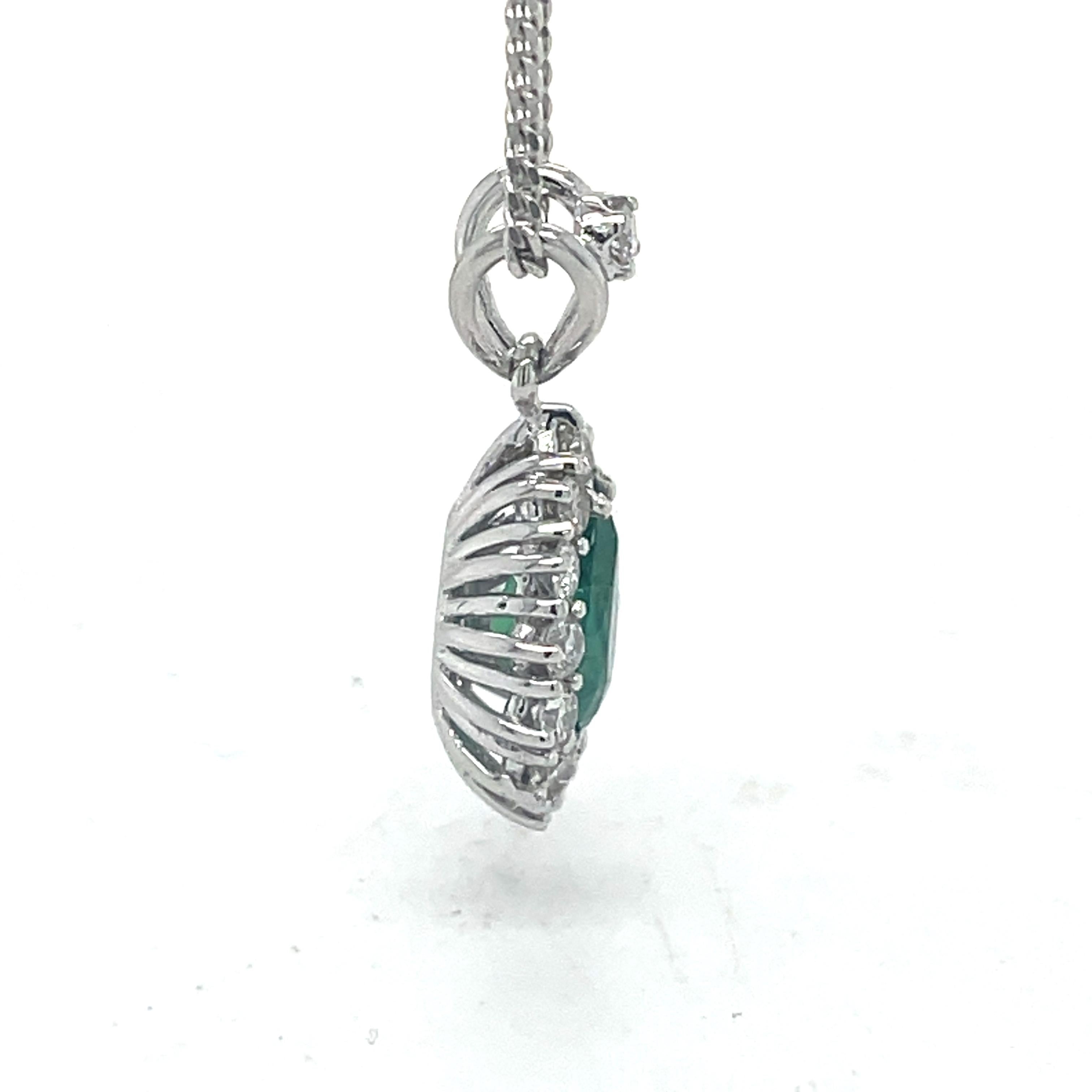 Emerald Necklace Pendant - 0.59ct Emerald and 0.5ct Diamond Halo, 18K White Gold For Sale 1