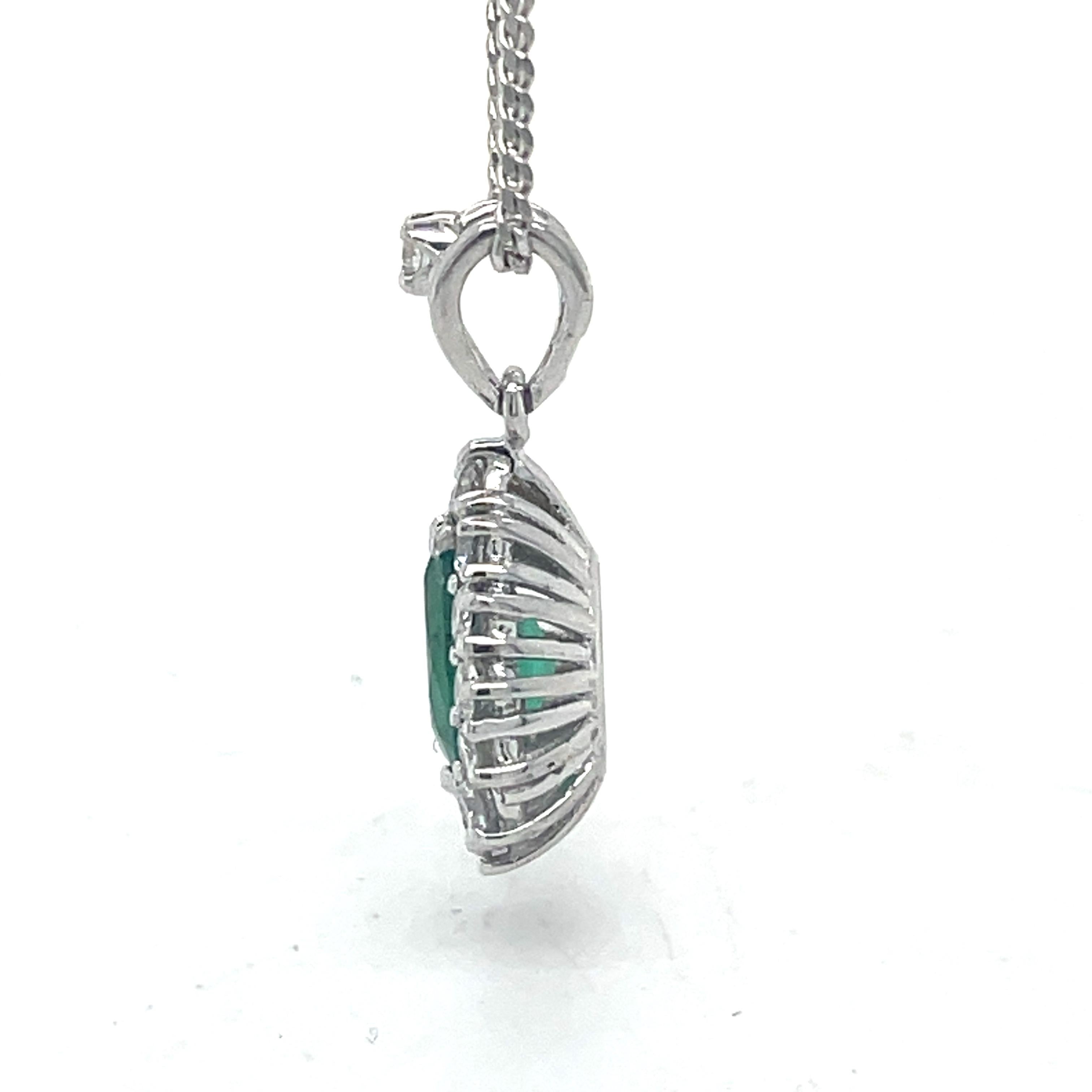 Emerald Necklace Pendant - 0.59ct Emerald and 0.5ct Diamond Halo, 18K White Gold For Sale 2