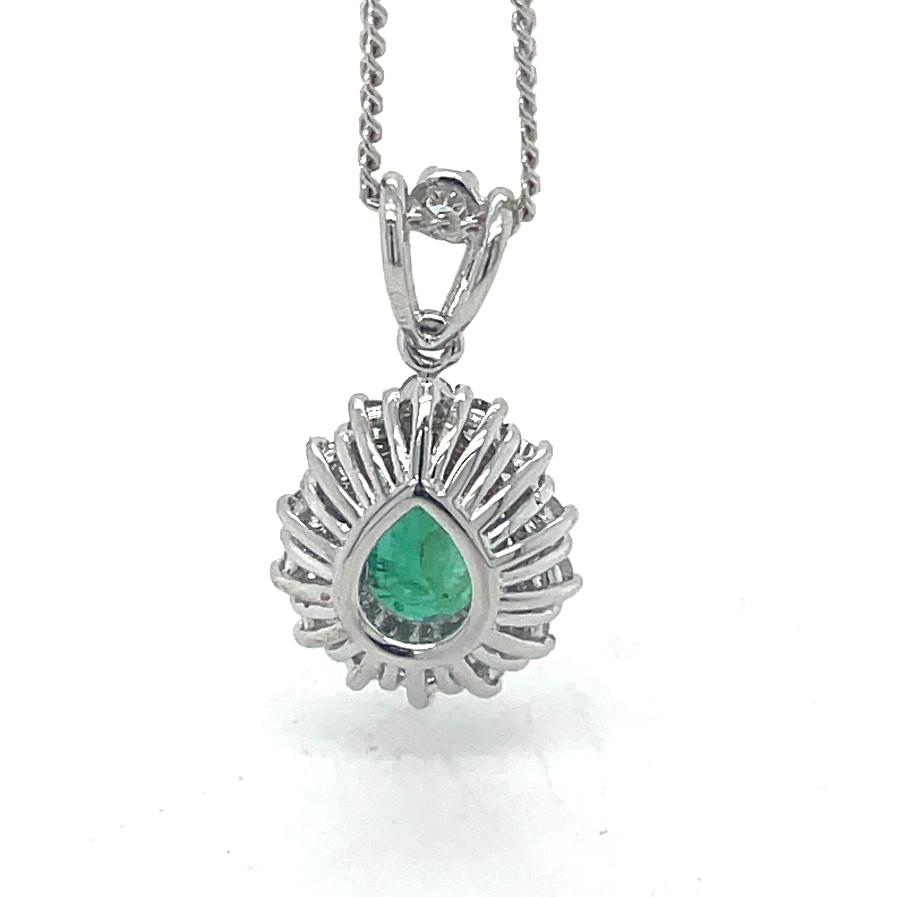 Emerald Necklace Pendant - 0.59ct Emerald and 0.5ct Diamond Halo, 18K White Gold For Sale 3
