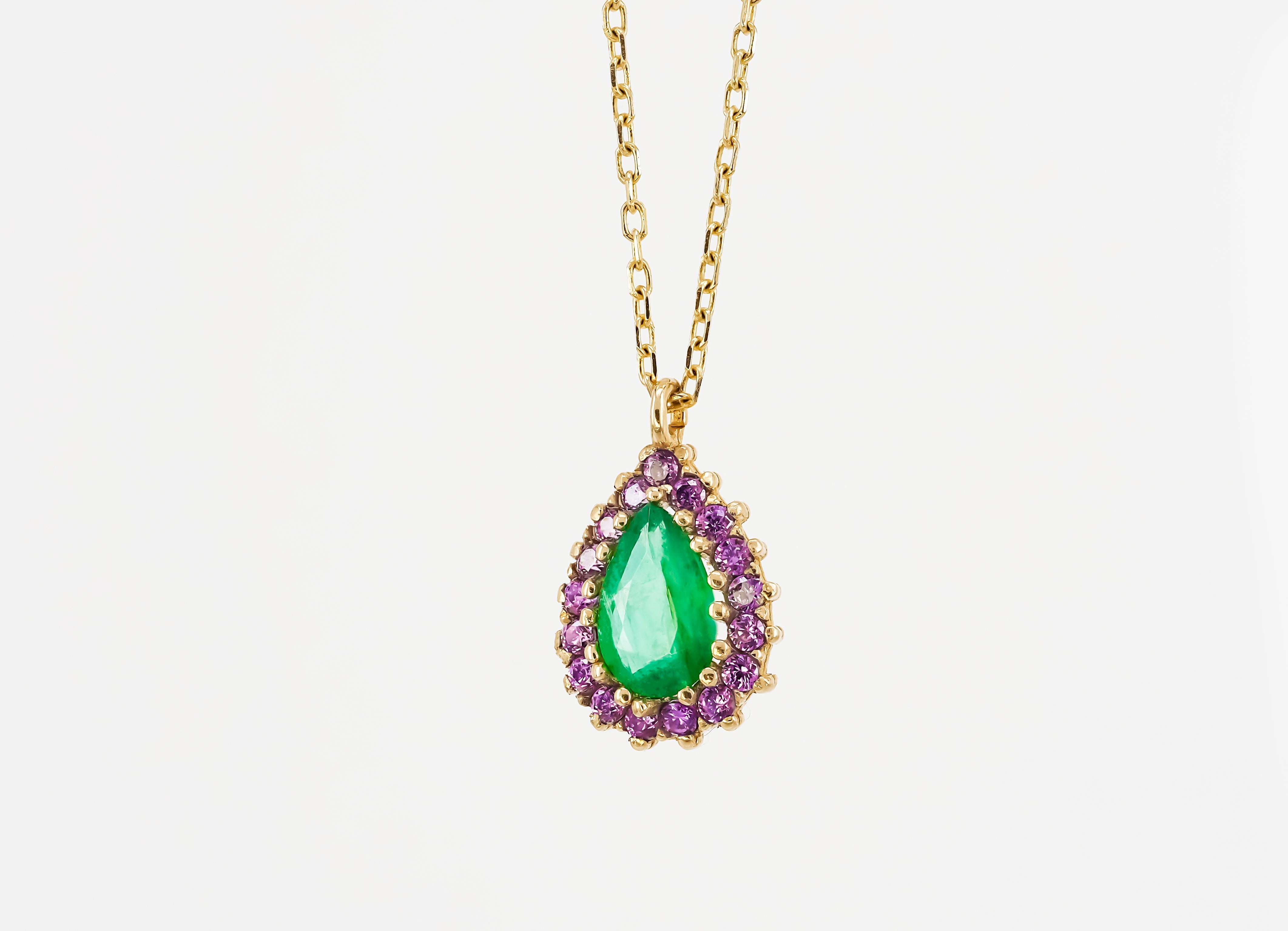 Emerald necklace pendant. Pear emerald necklace pendant. 14k gold necklace with emerald pendant. Tear drop emerald necklace.

Metal: 14k yellow gold
Weight: 1.9 g.
Size: 
necklace: 45 sm
pendant:  11.5x7.5mm
Set with emerald, color - green
Pear cut,