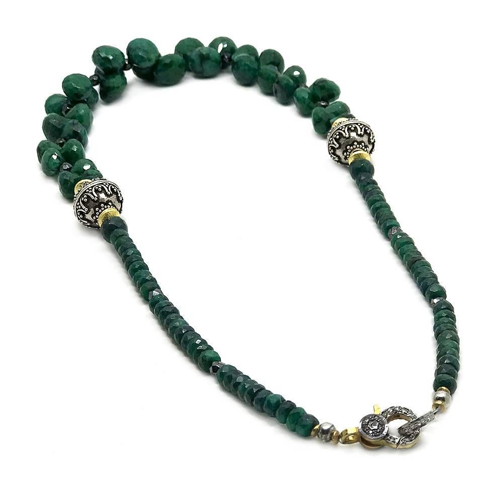 Bead Emerald Necklace w/Diamond Clasp For Sale