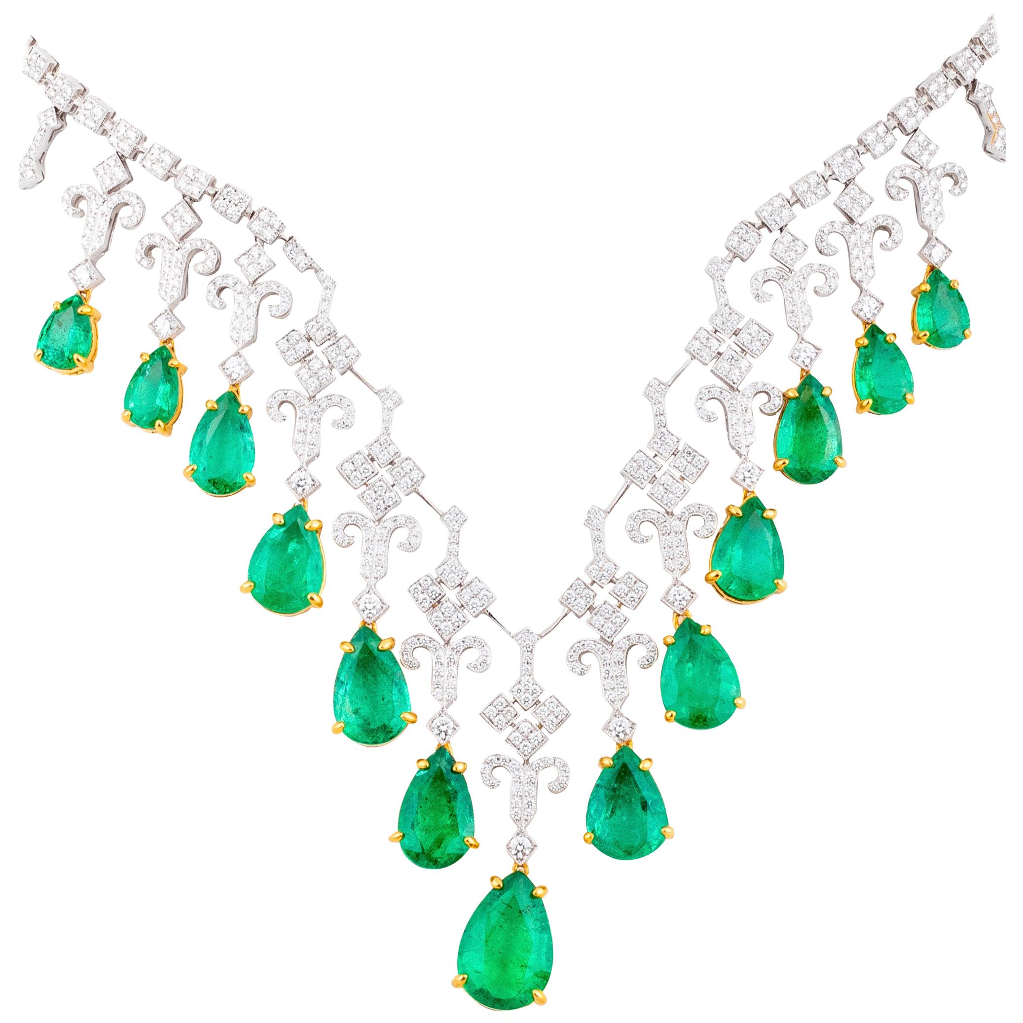32 Carat Colombian Emerald 5.40 Carat Diamond 18 Karat White Gold Drop Necklace