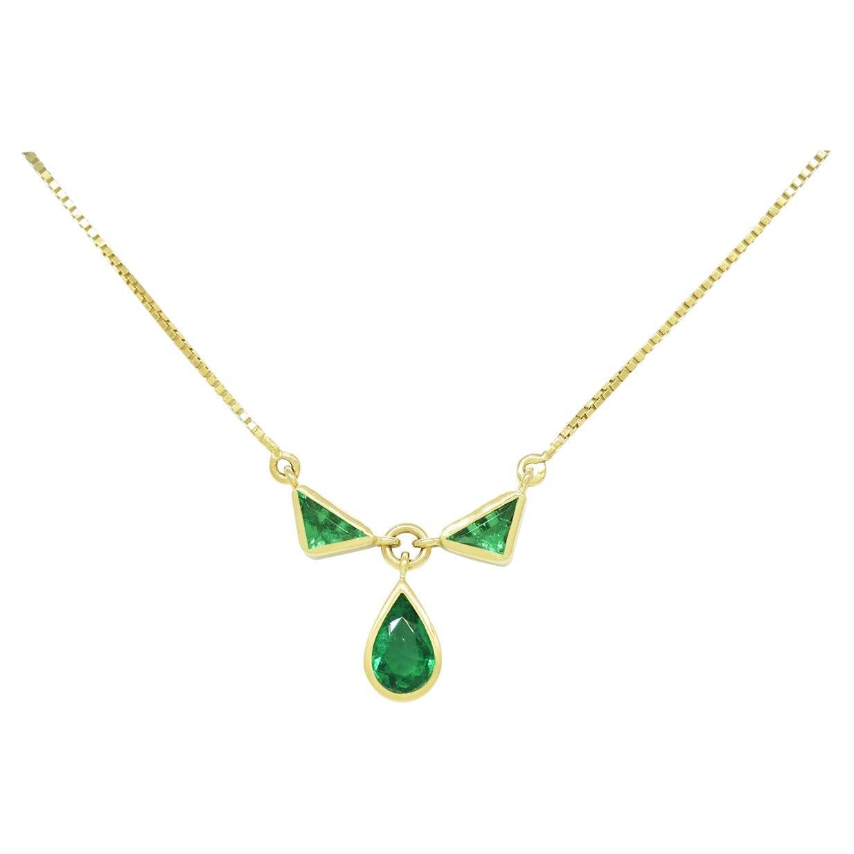 Emerald Necklace with Pear and Trillion Cut Natural Colombian Emeralds in Gold