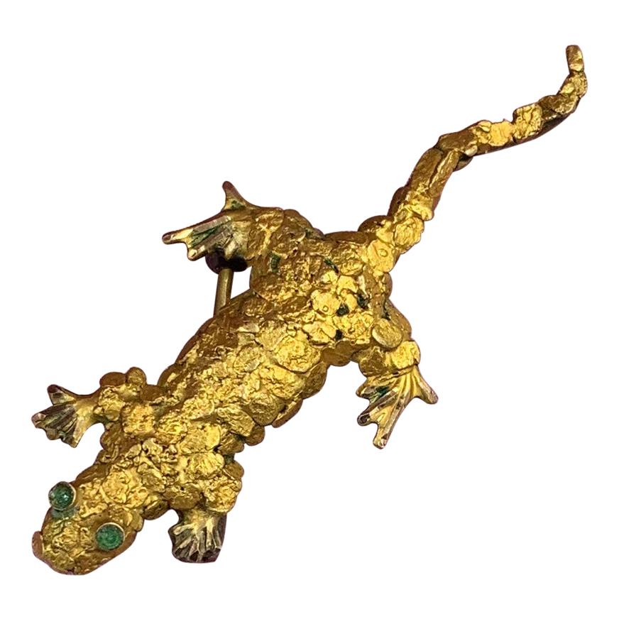 Emerald Nugget Gold Lizard Gecko Brooch Pin Retro Mid-Century Modernist