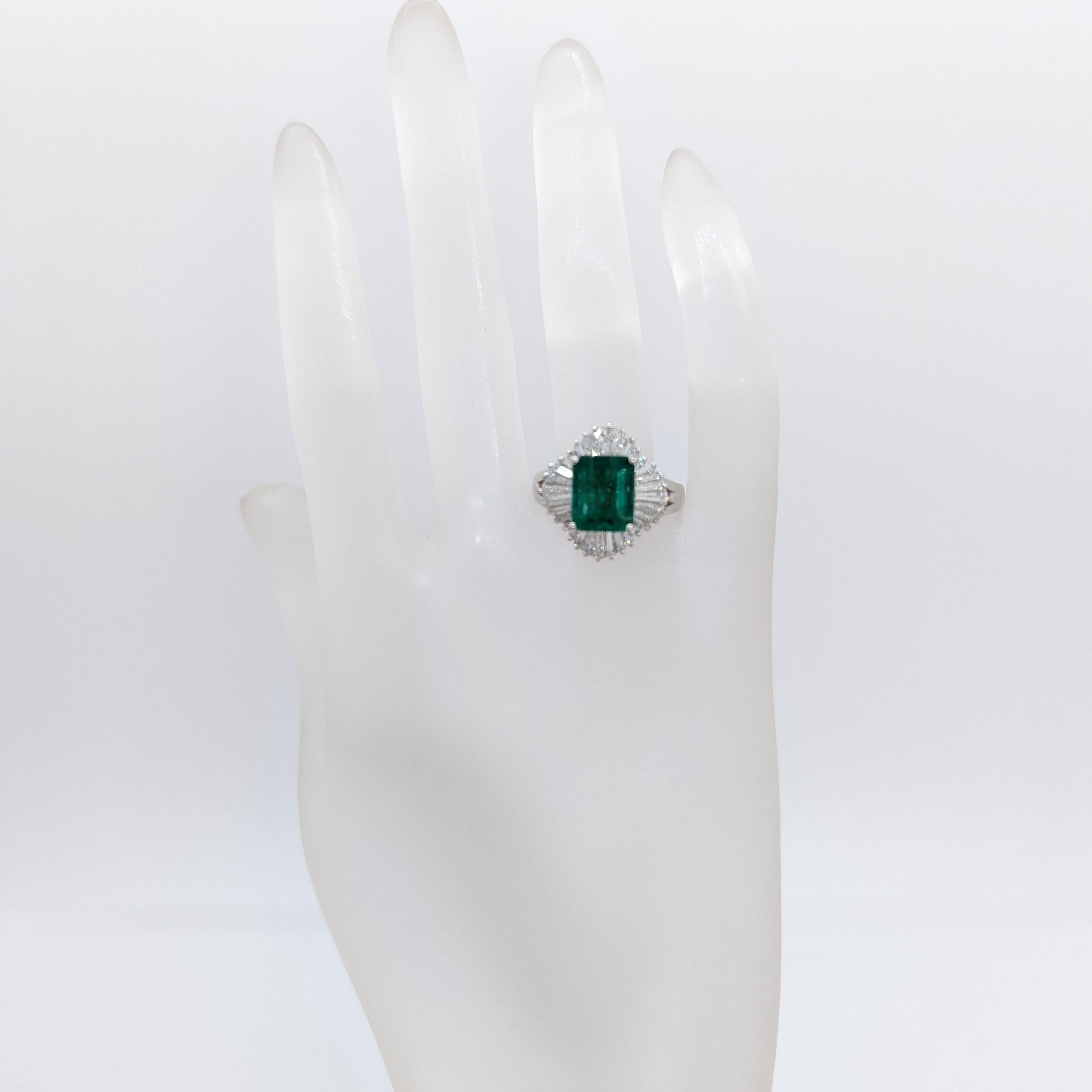 Emerald Cut Emerald Octagon and White Diamond Cocktail Ring in Platinum