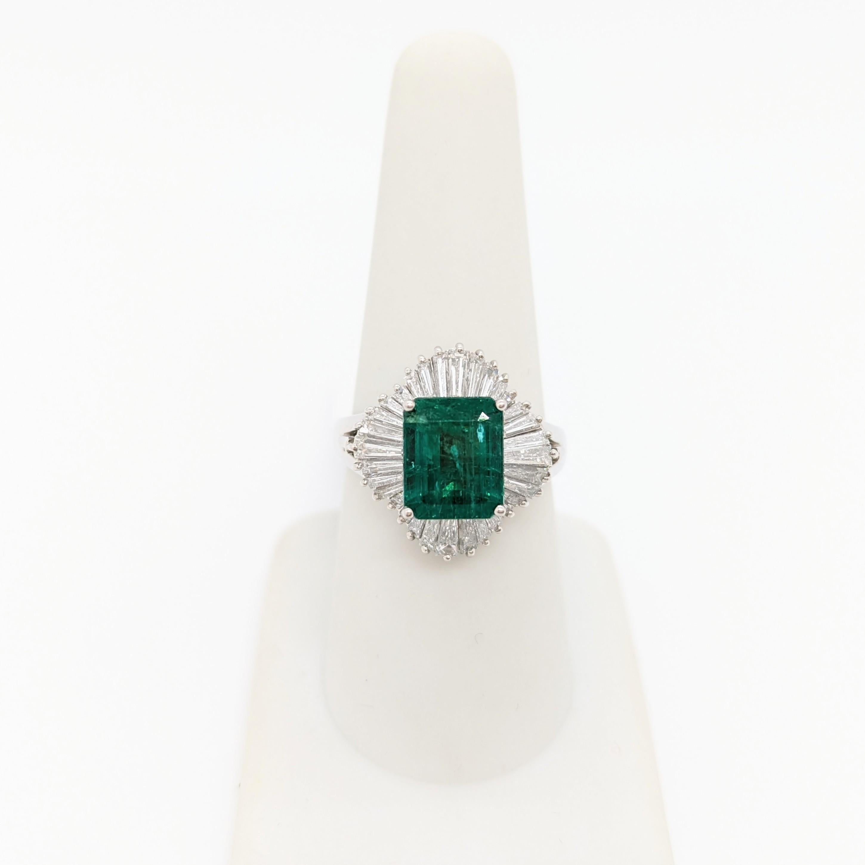 Women's or Men's Emerald Octagon and White Diamond Cocktail Ring in Platinum