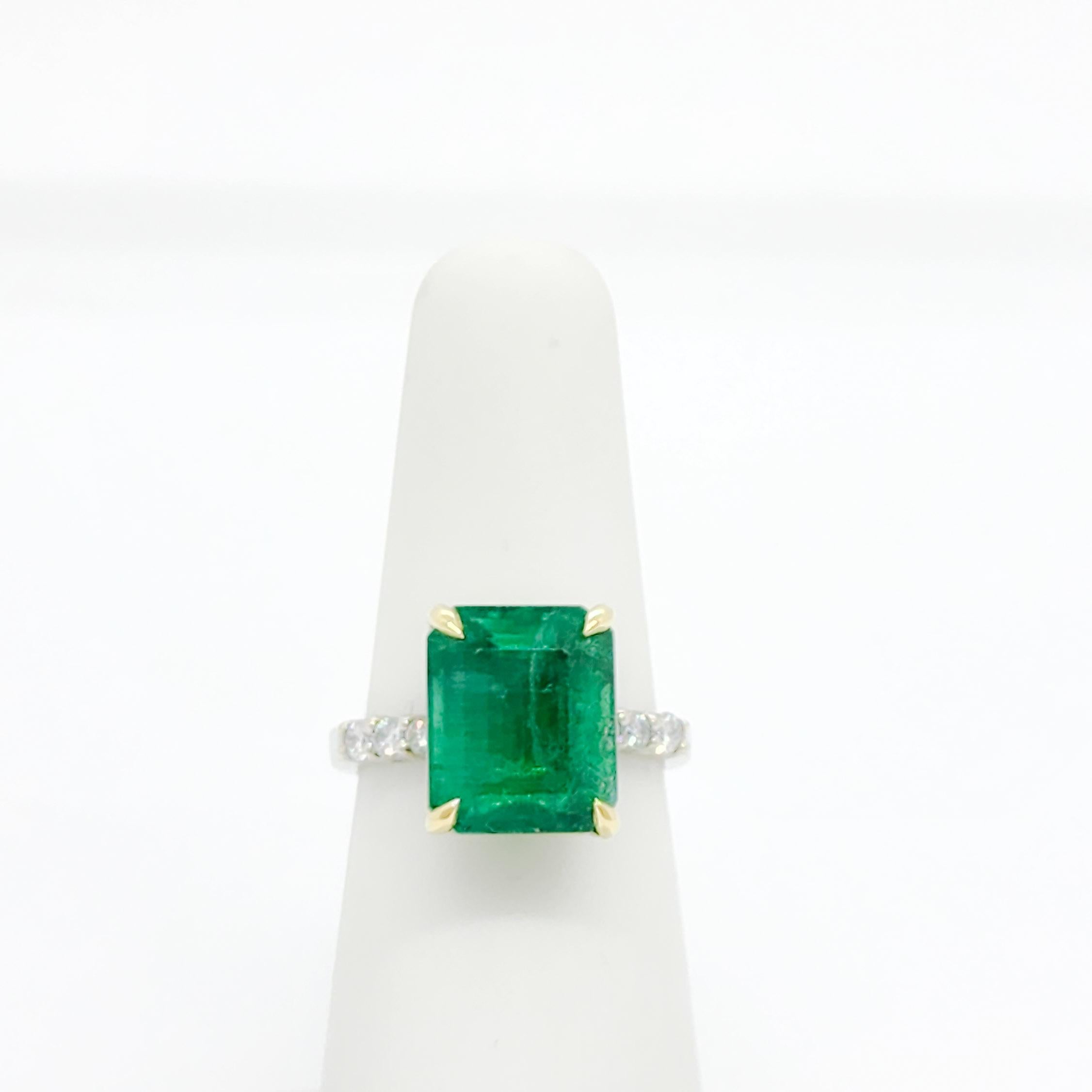 Women's or Men's Emerald Octagon and White Diamond Ring in 14k For Sale