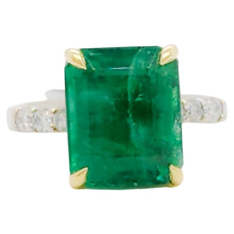 Emerald Octagon and White Diamond Ring in 14k For Sale