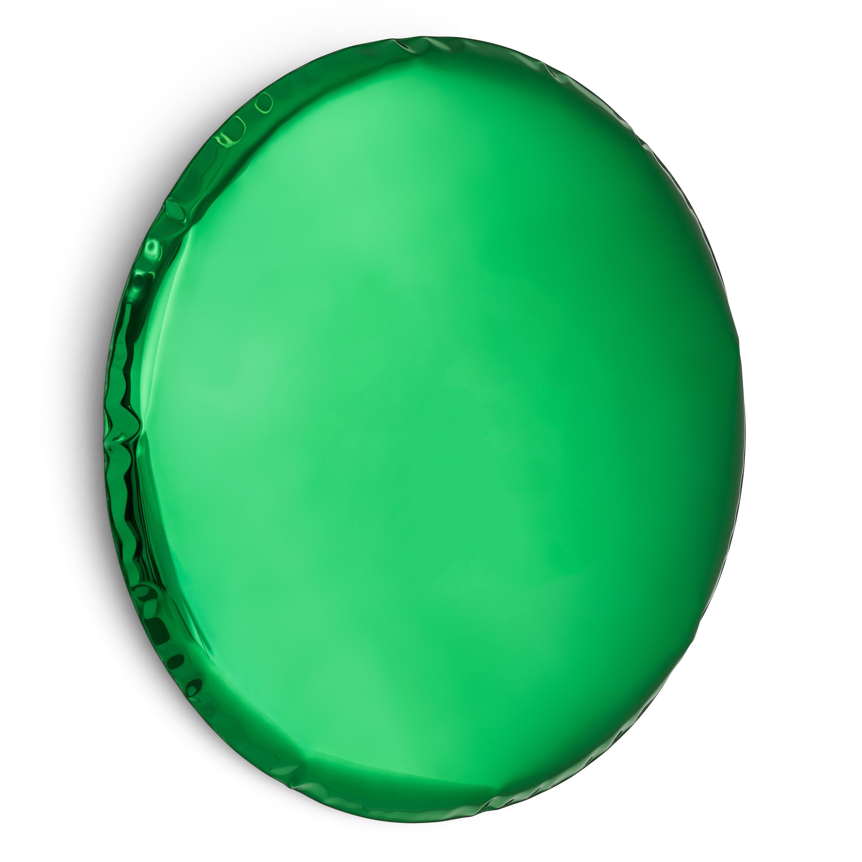 Emerald Oko 150 sculptural wall mirror by Zieta
Dimensions: diameter 150 x depth 6 cm 
Material: stainless steel. 
Finish: Emerald.
Available in finishes: stainless steel, deep space blue, emerald, saphire, saphire/emerald, dark matter, and red