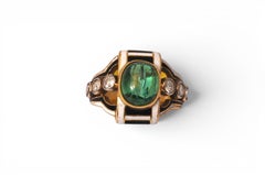Anillo de la época de Charles X con esmeralda, diamante de talla antigua y esmalte
