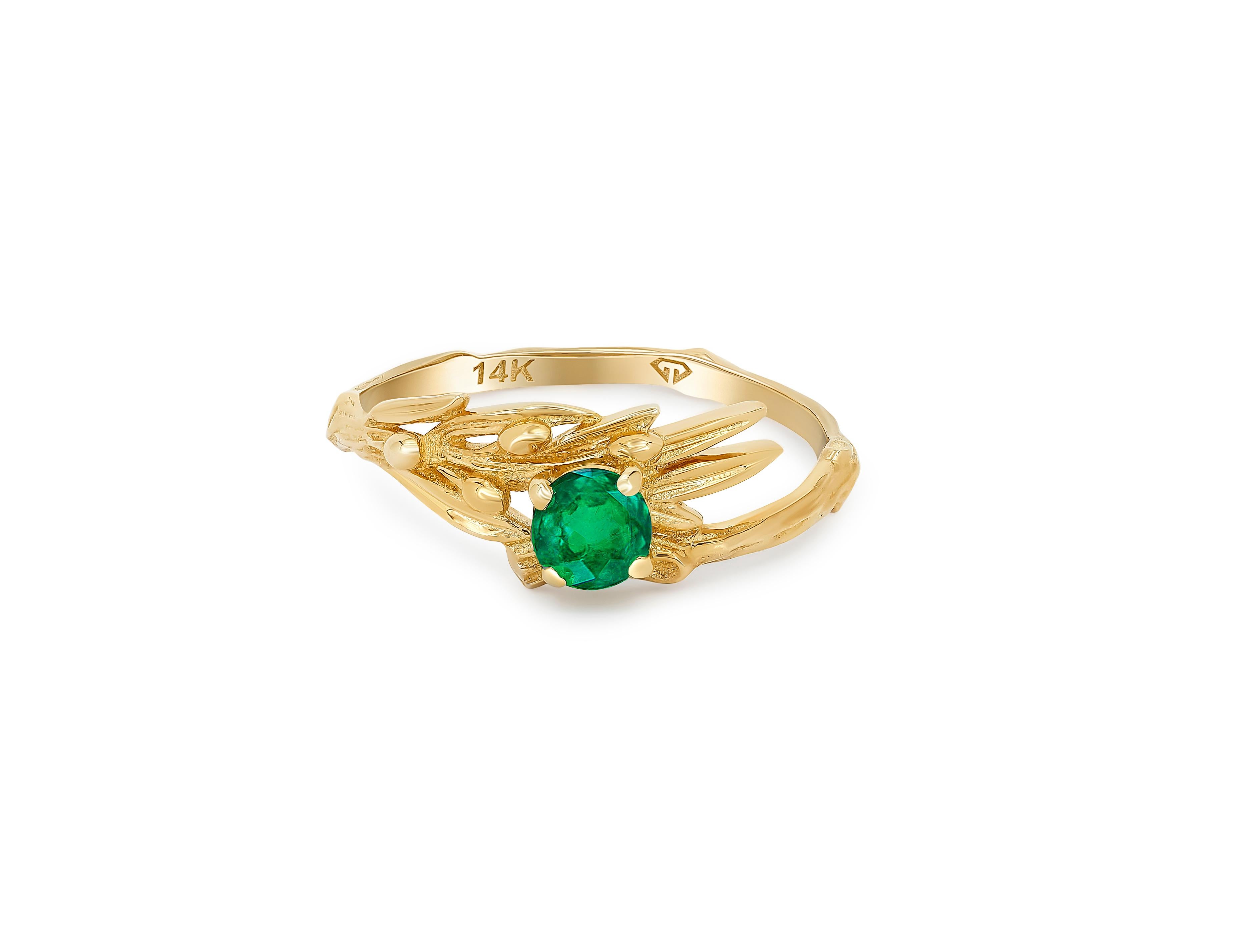 Emerald olive 14k gold ring. 
Gold ring with round Emerald. Olive tree ring. Branch ring. Emerald engagement ring. May Birthstone Ring.

Metal: 14k gold
Weight: 1.70 g. depends from size.

Central stone: Emerald
Cut: Round
Weight: approx 0.55
