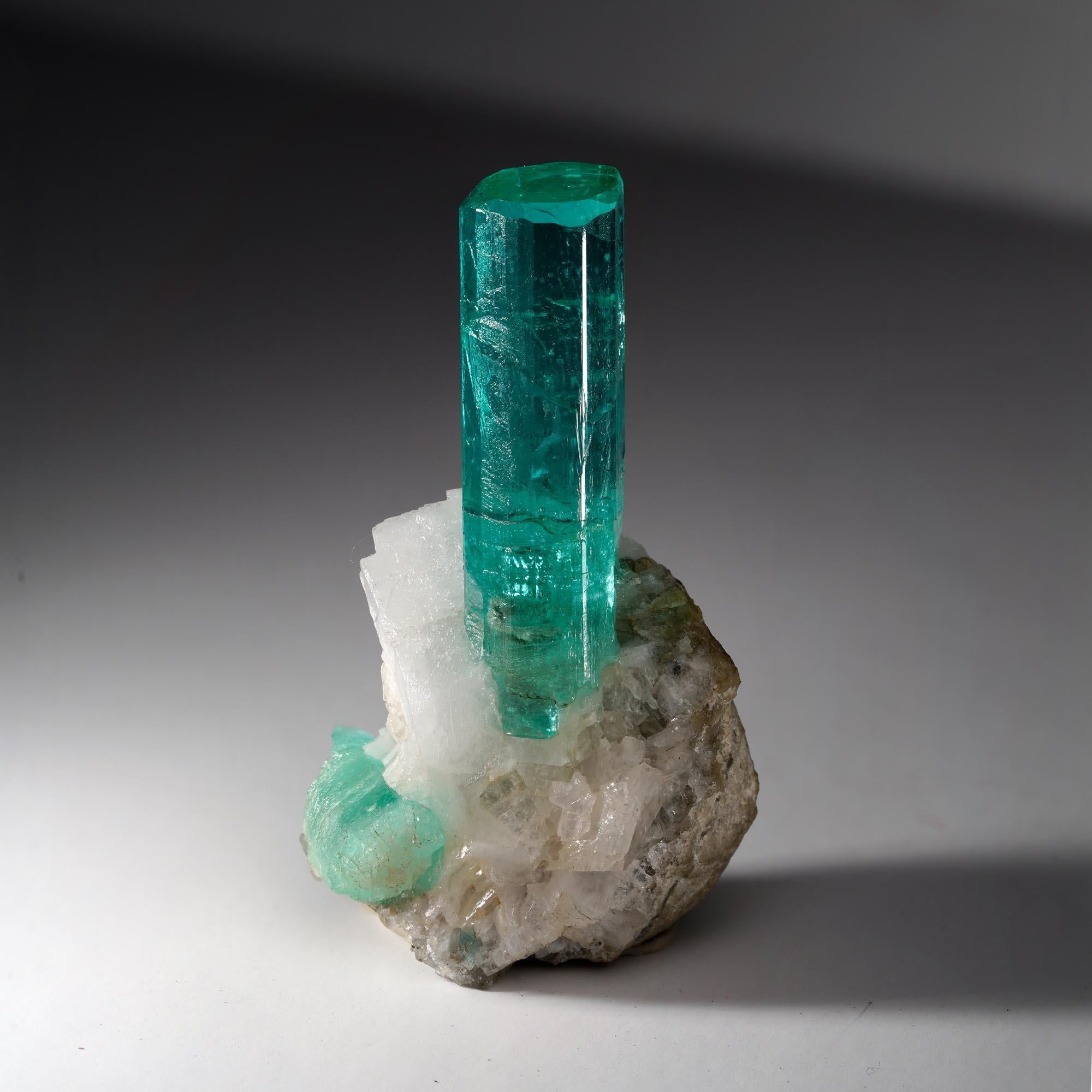 This specimen features a strikingly vivid Colombian Emerald crystal rising vertically from its contrasting white Calcite host. The elongated prism glows with saturated green color and gemmy translucency, its lustrous faces catching light from every