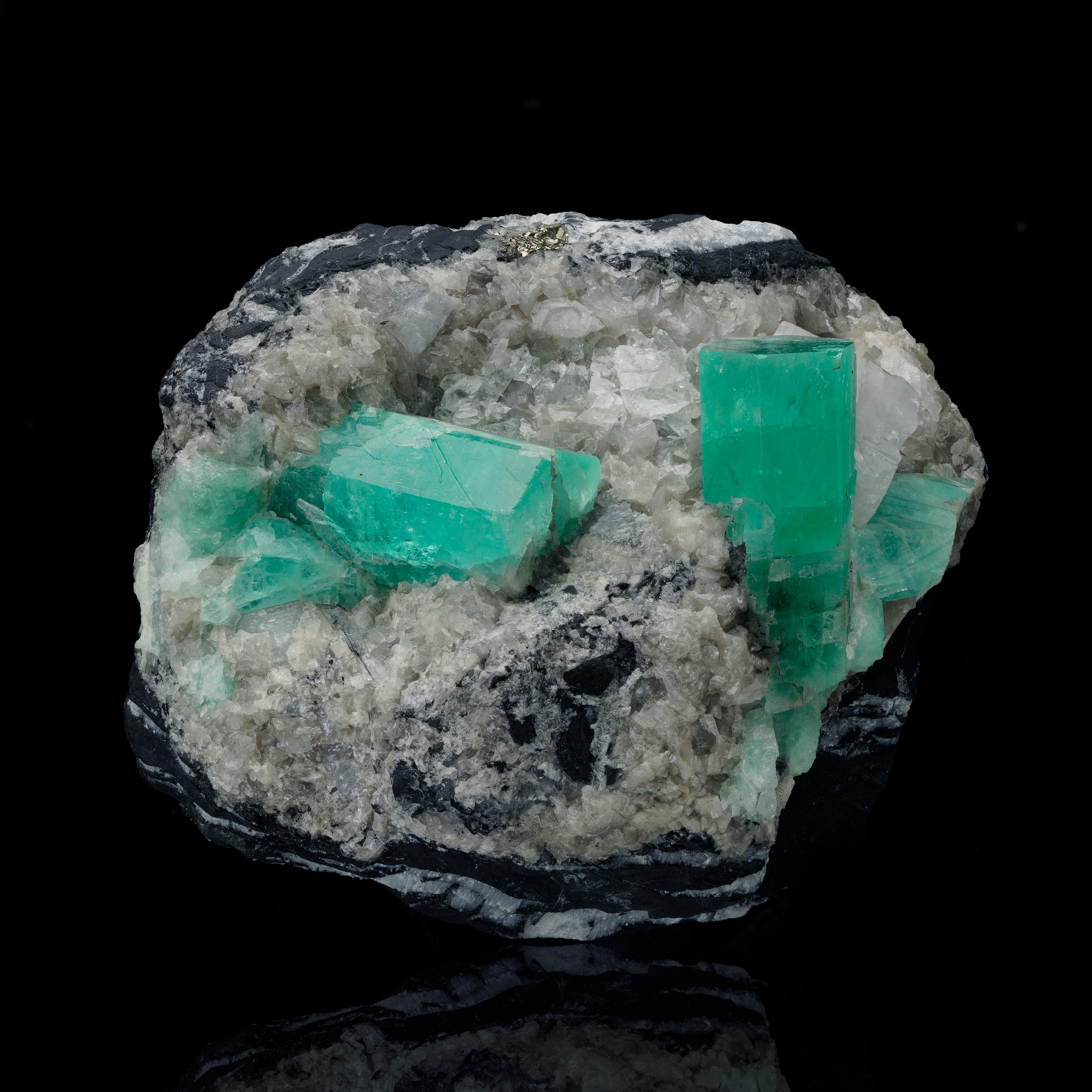 Emerald on Calcite With Pyrite In New Condition For Sale In New York, NY