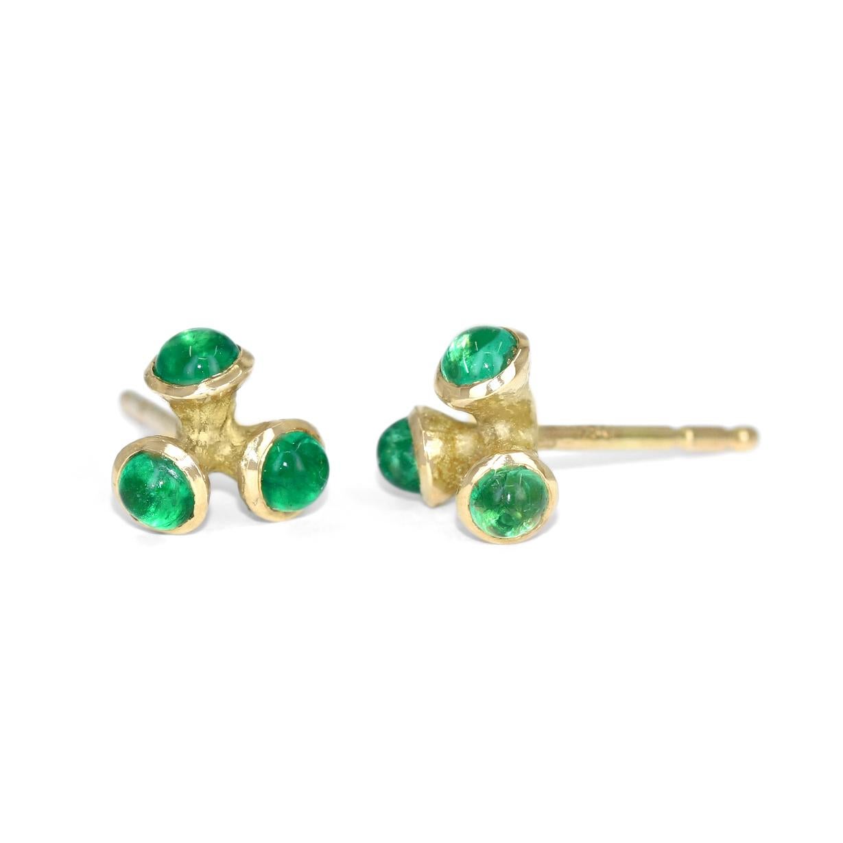 One of a Kind Tiny Jacks Earrings hand-fabricated by award-winning, globally acclaimed jewelry maker John Iversen in signature-finished 18k yellow gold featuring six perfectly matched natural round emerald cabochons. Finished with 14k yellow gold