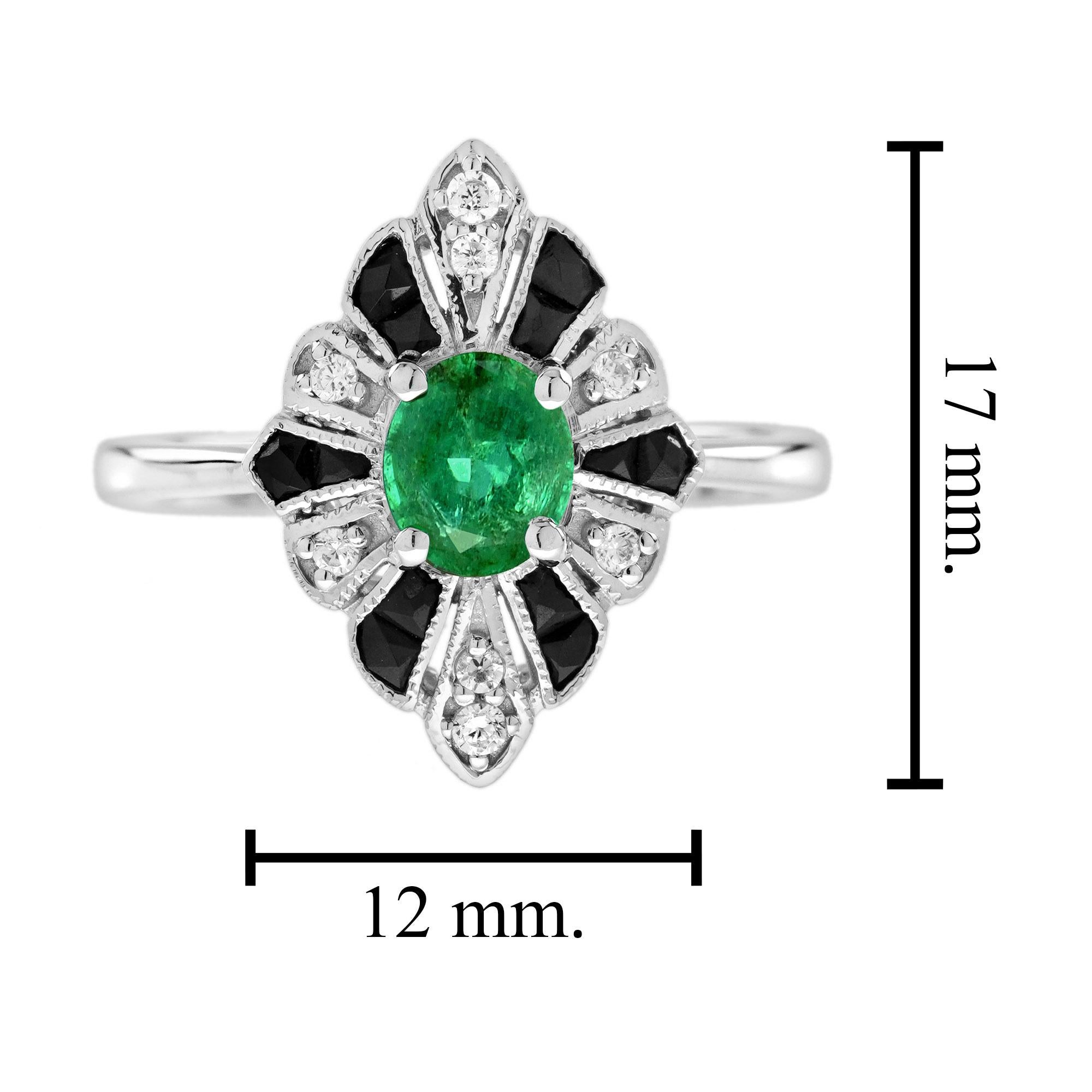 Emerald Onyx and Diamond Art Deco Style Halo Ring in 18K White Gold For Sale 1