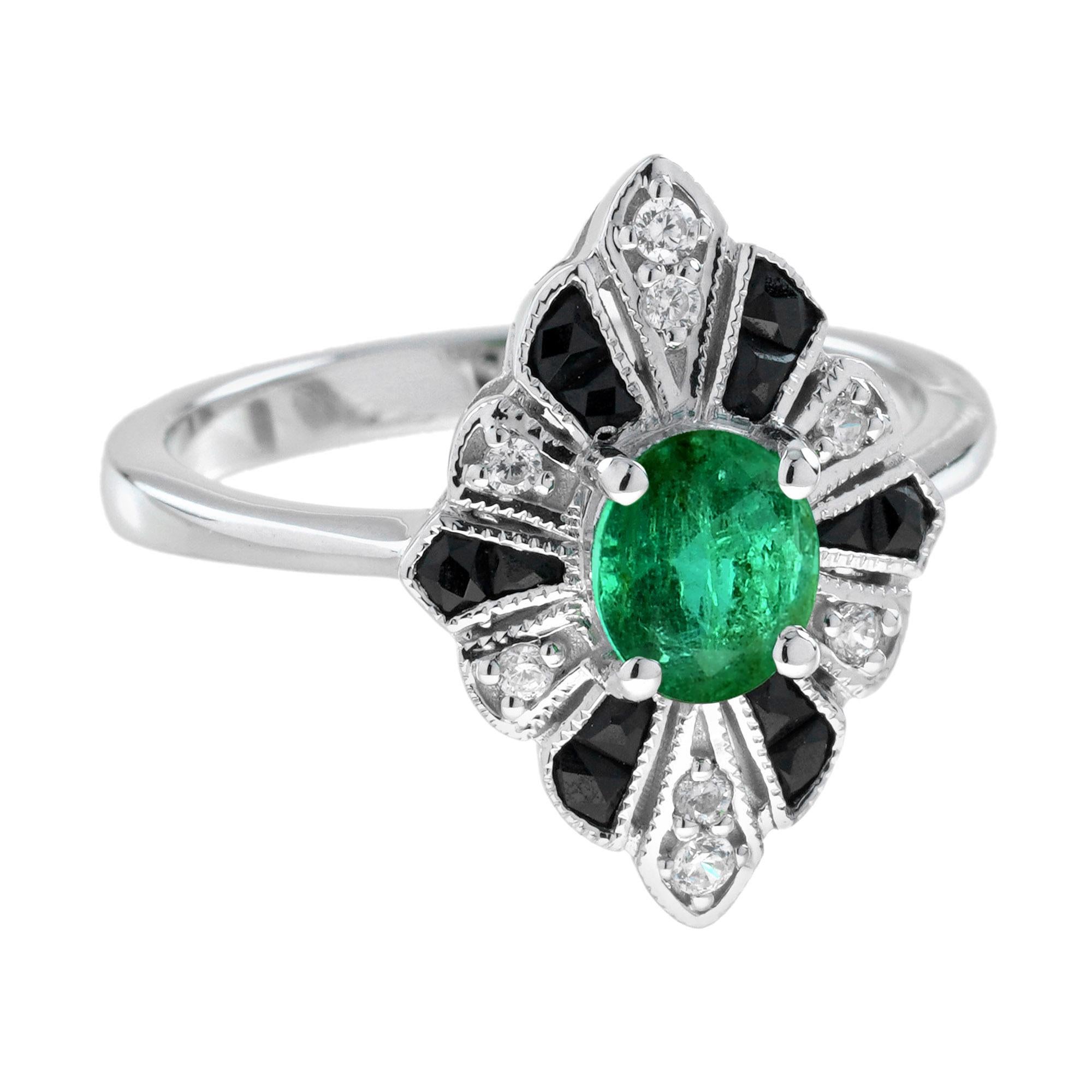 A vibrant emerald at the center, representing the pollen of a flower. Surrounding the emerald are alternating petals made of onyx and diamonds, creating a stunning contrast and intricate design. The bold combination of rich emerald green, black