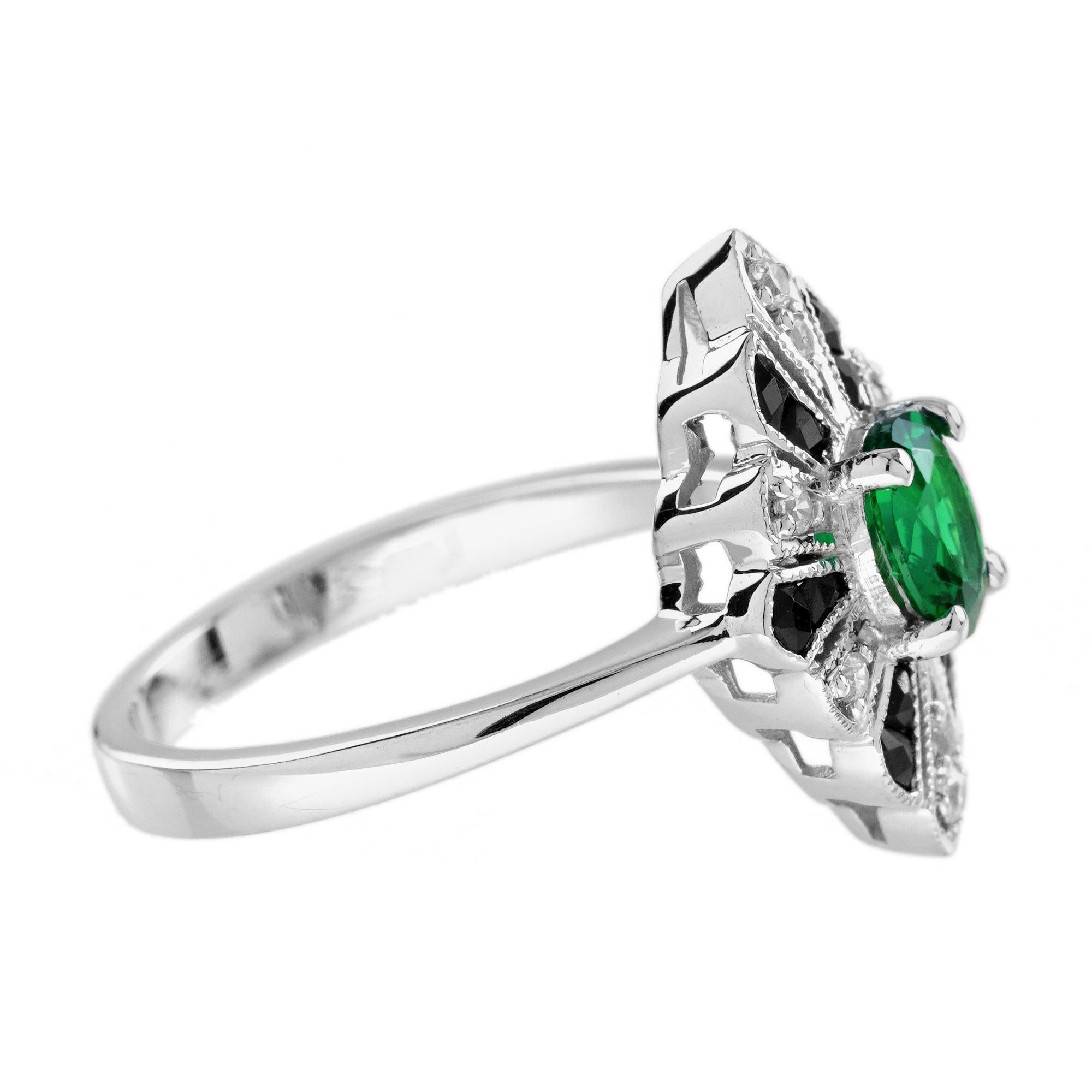 Oval Cut Emerald Onyx and Diamond Art Deco Style Halo Ring in 18K White Gold For Sale