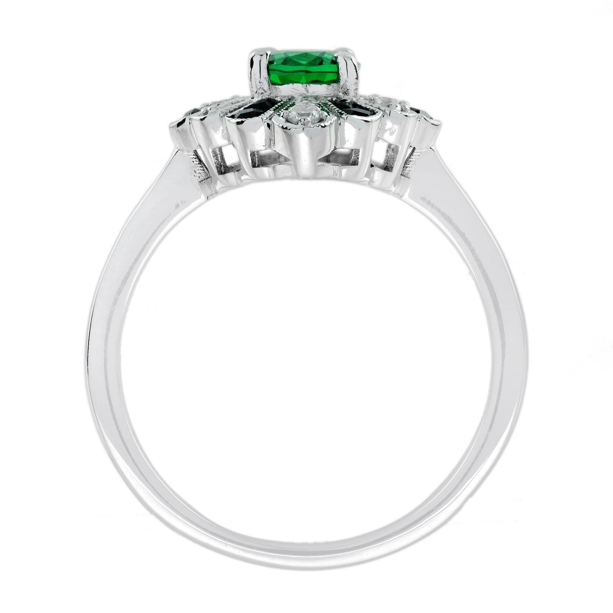 Women's Emerald Onyx and Diamond Art Deco Style Halo Ring in 18K White Gold For Sale
