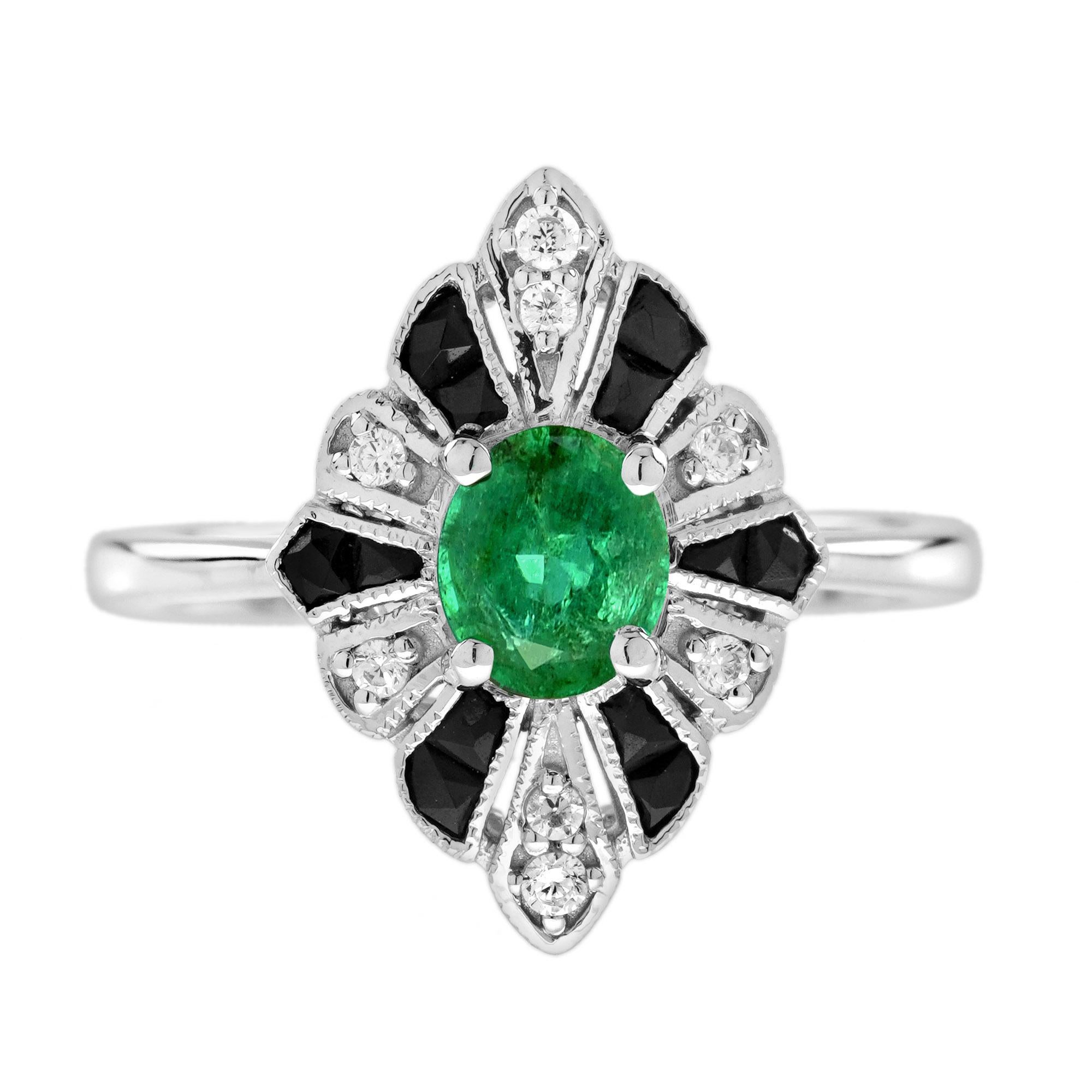 Smaragd Onyx und Diamant Art Deco Stil Halo Ring in 18K Weißgold