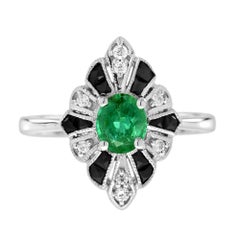 Smaragd Onyx und Diamant Art Deco Stil Halo Ring in 18K Weißgold