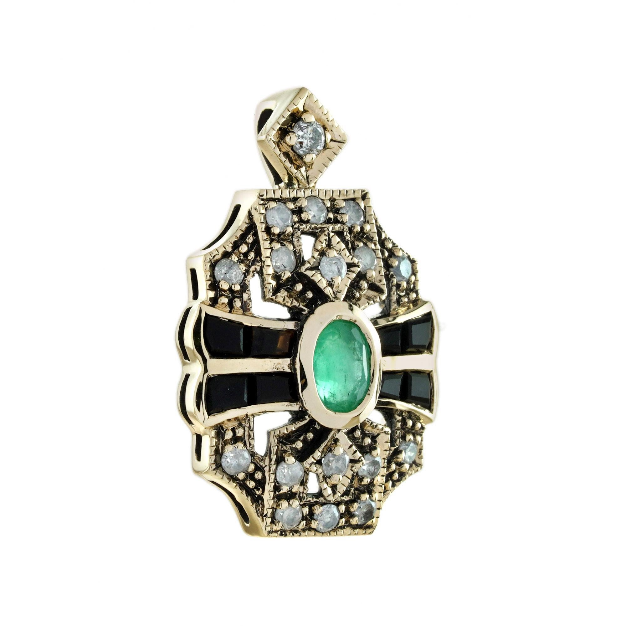 This striking Art Deco style pendant showcases a vivid oval emerald at its center. Flanked on each side by sleek black onyx and accented above and below with shimmering diamonds. A bold, geometric design that captures vintage sophistication. The
