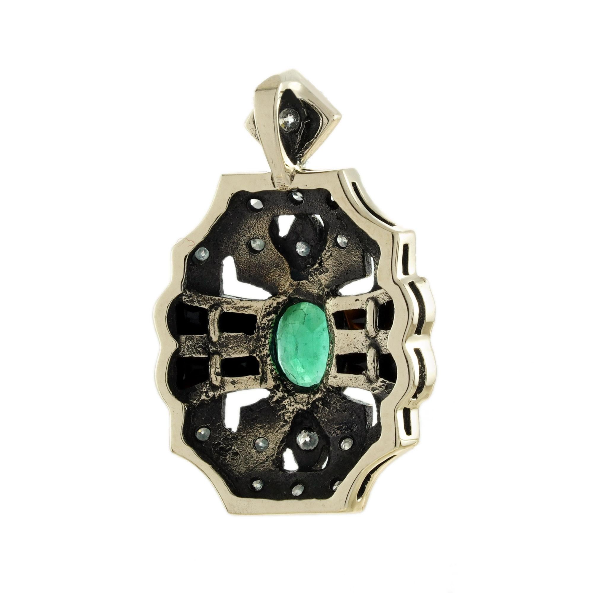 Oval Cut Emerald Onyx and Diamond Art Deco Style Pendant in 9K Yellow Gold For Sale