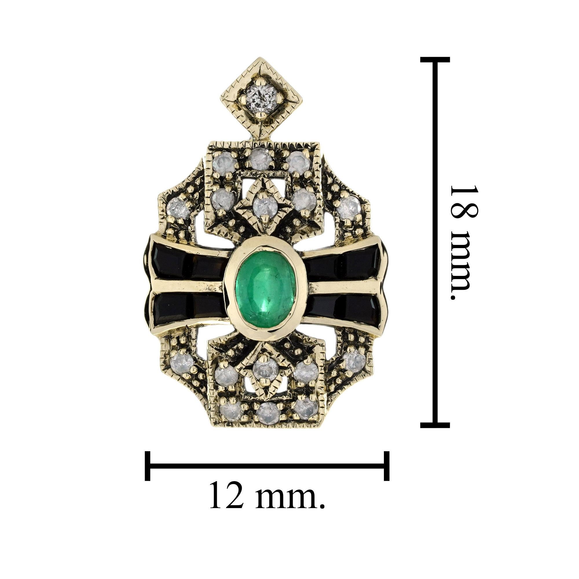 Emerald Onyx and Diamond Art Deco Style Pendant in 9K Yellow Gold In New Condition For Sale In Bangkok, TH