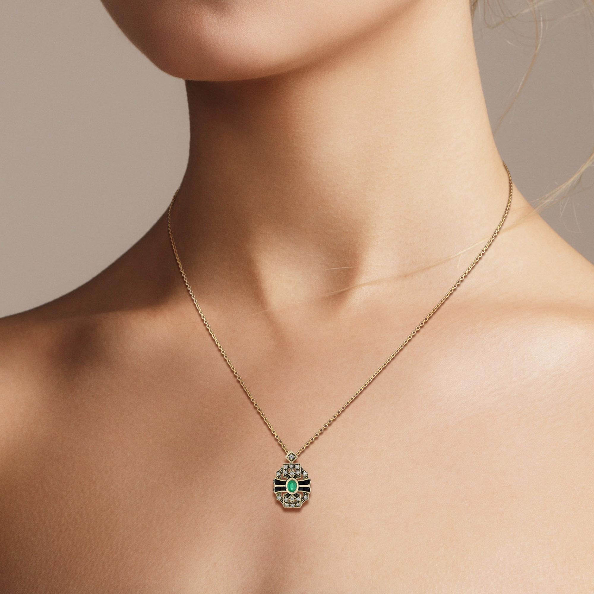 Women's Emerald Onyx and Diamond Art Deco Style Pendant in 9K Yellow Gold For Sale
