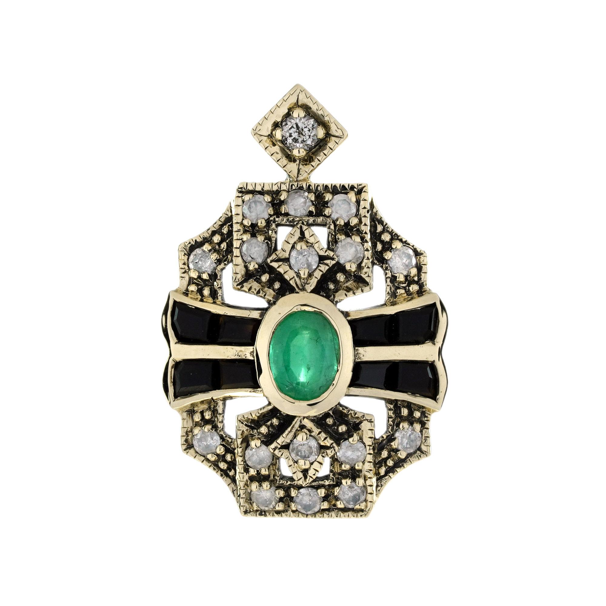 Emerald Onyx and Diamond Art Deco Style Pendant in 9K Yellow Gold For Sale
