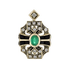 Emerald Onyx and Diamond Art Deco Style Pendant in 9K Yellow Gold