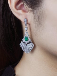 Emerald Onyx Diamond Art Deco Style Fan Shape Drop Earrings in 14K White Gold