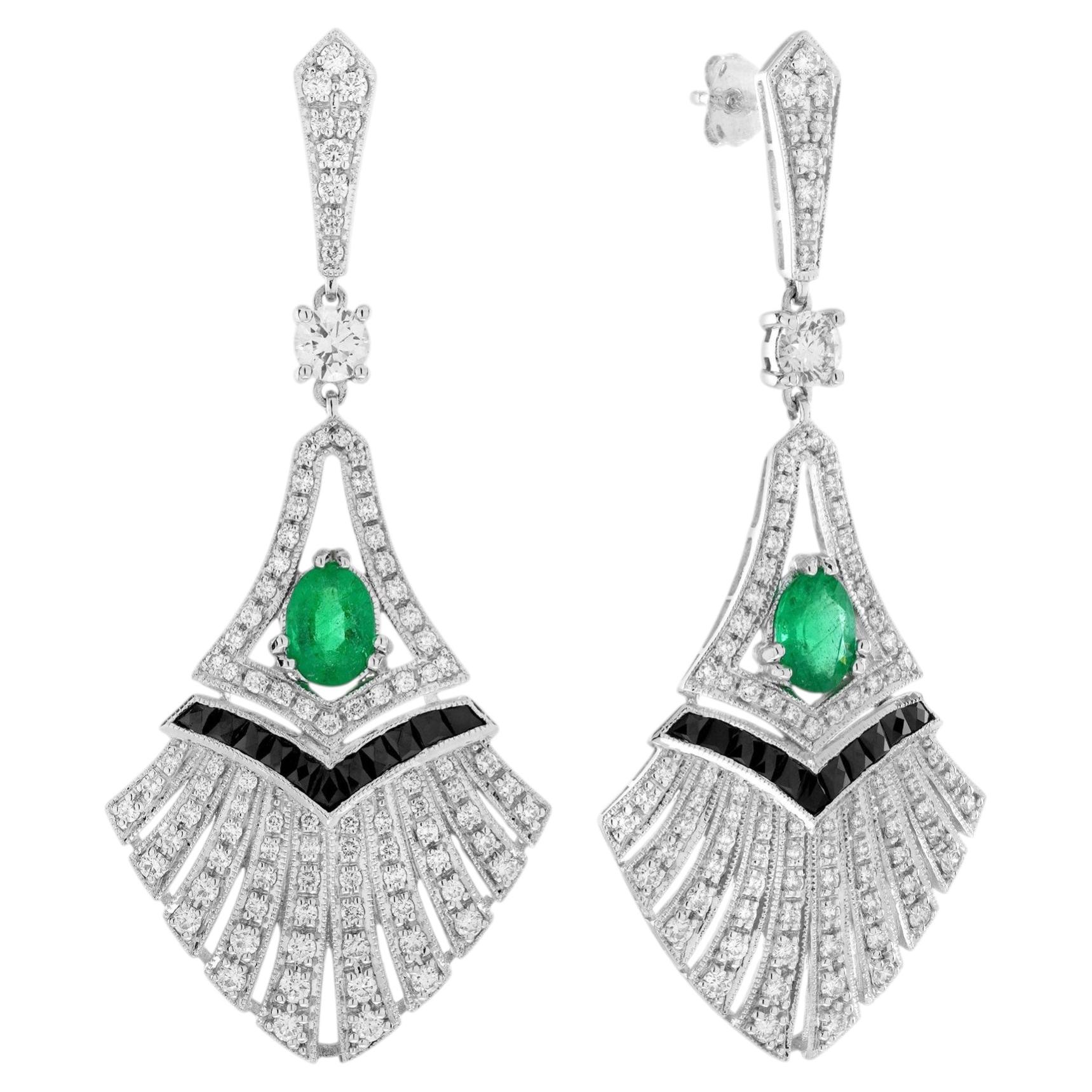 Pendientes Abanico Esmeralda Ónix Diamante Estilo Art Decó en Oro Blanco de 14 K
