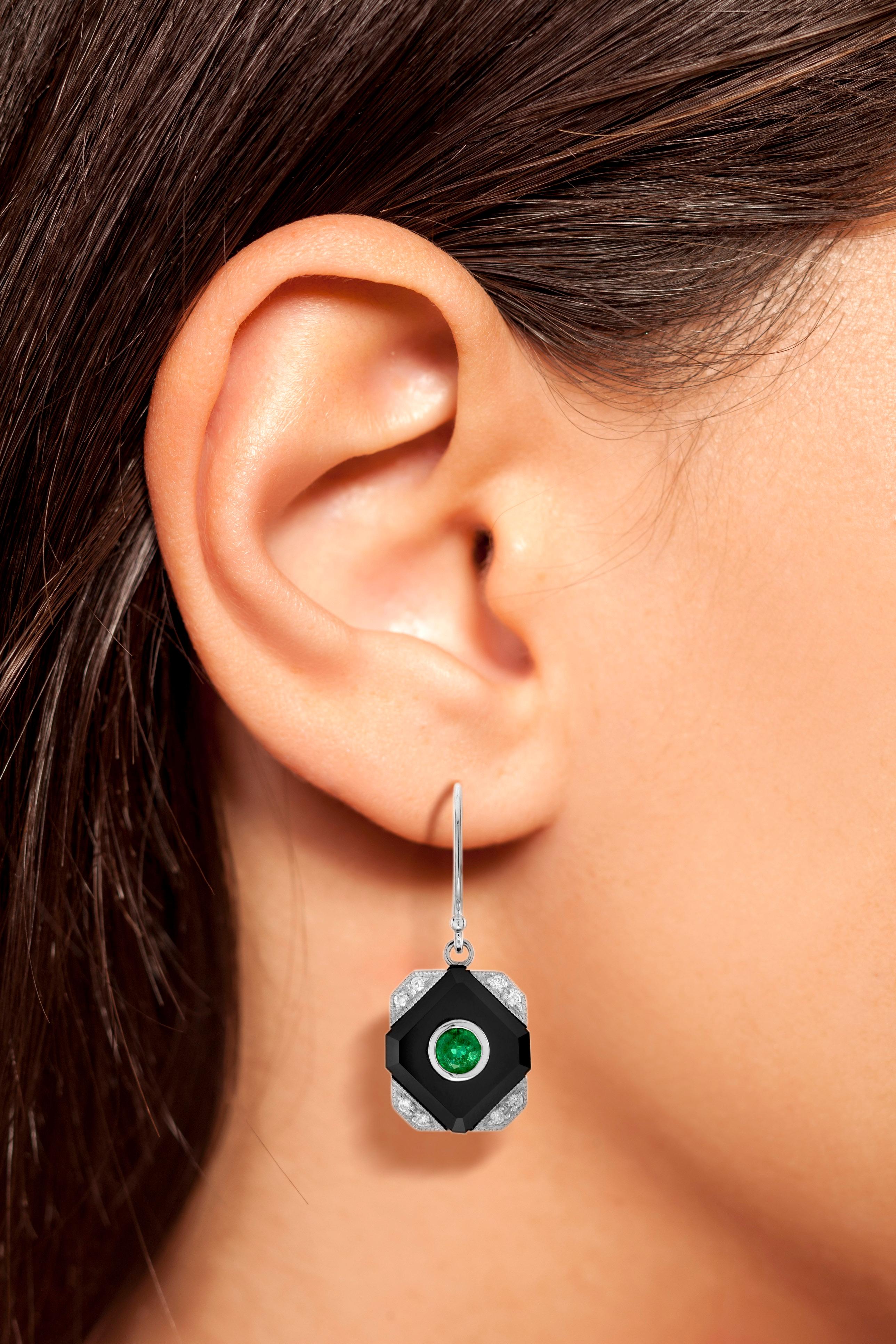 Women's Emerald Onyx Diamond Art Deco Style Square Shape Dangle Earrings in 14K Gold For Sale