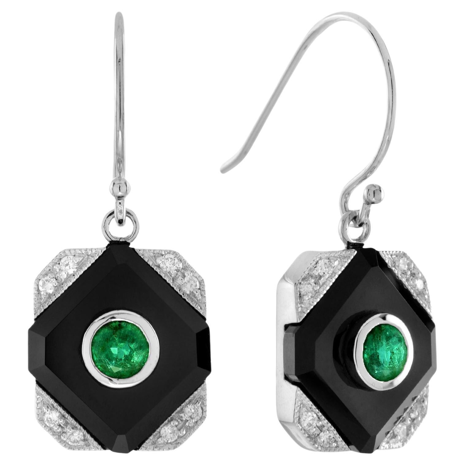 Emerald Onyx Diamond Art Deco Style Square Shape Dangle Earrings in 14K Gold For Sale
