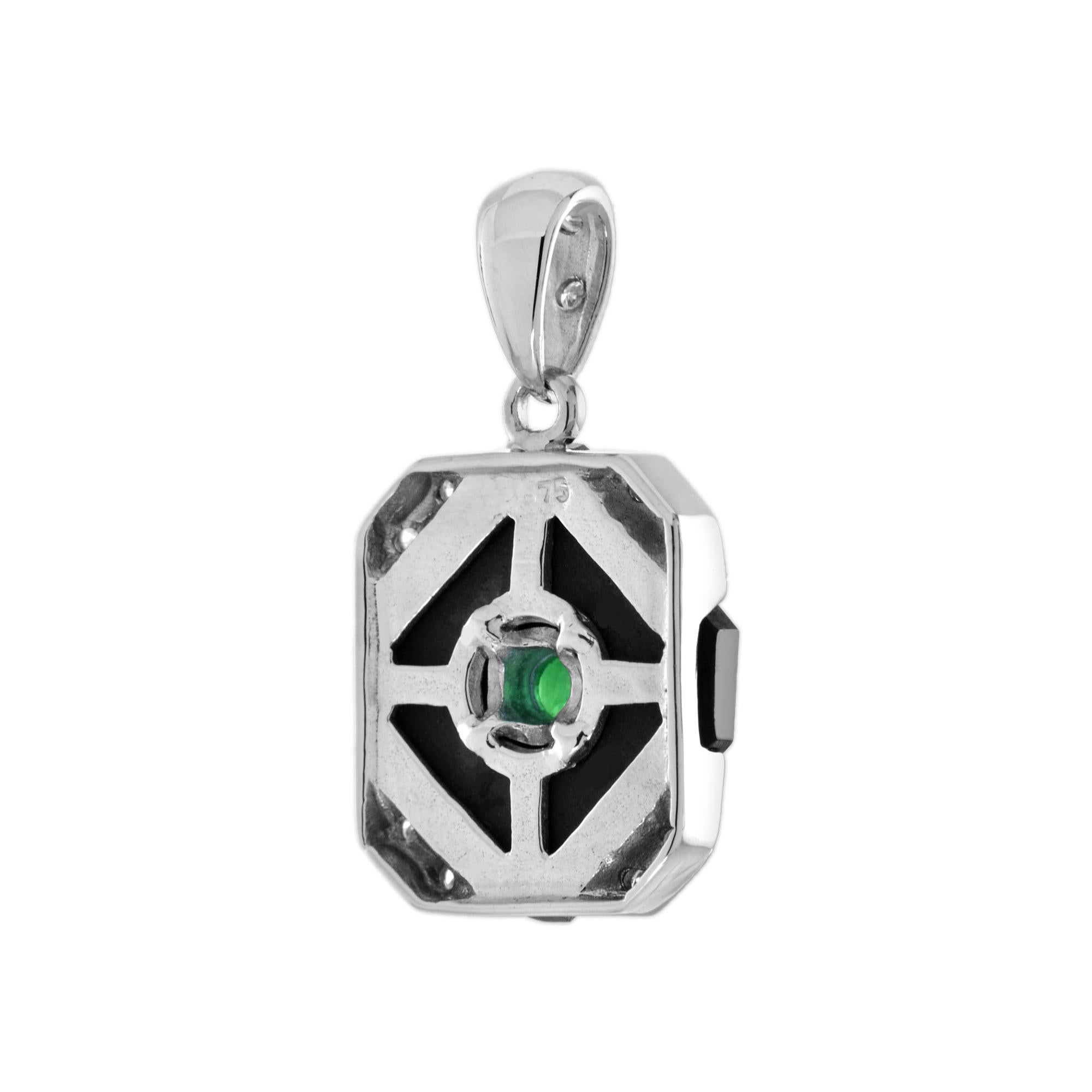 Round Cut Emerald Onyx Diamond Art Deco Style Square Shape Pendant in 14K White Gold For Sale