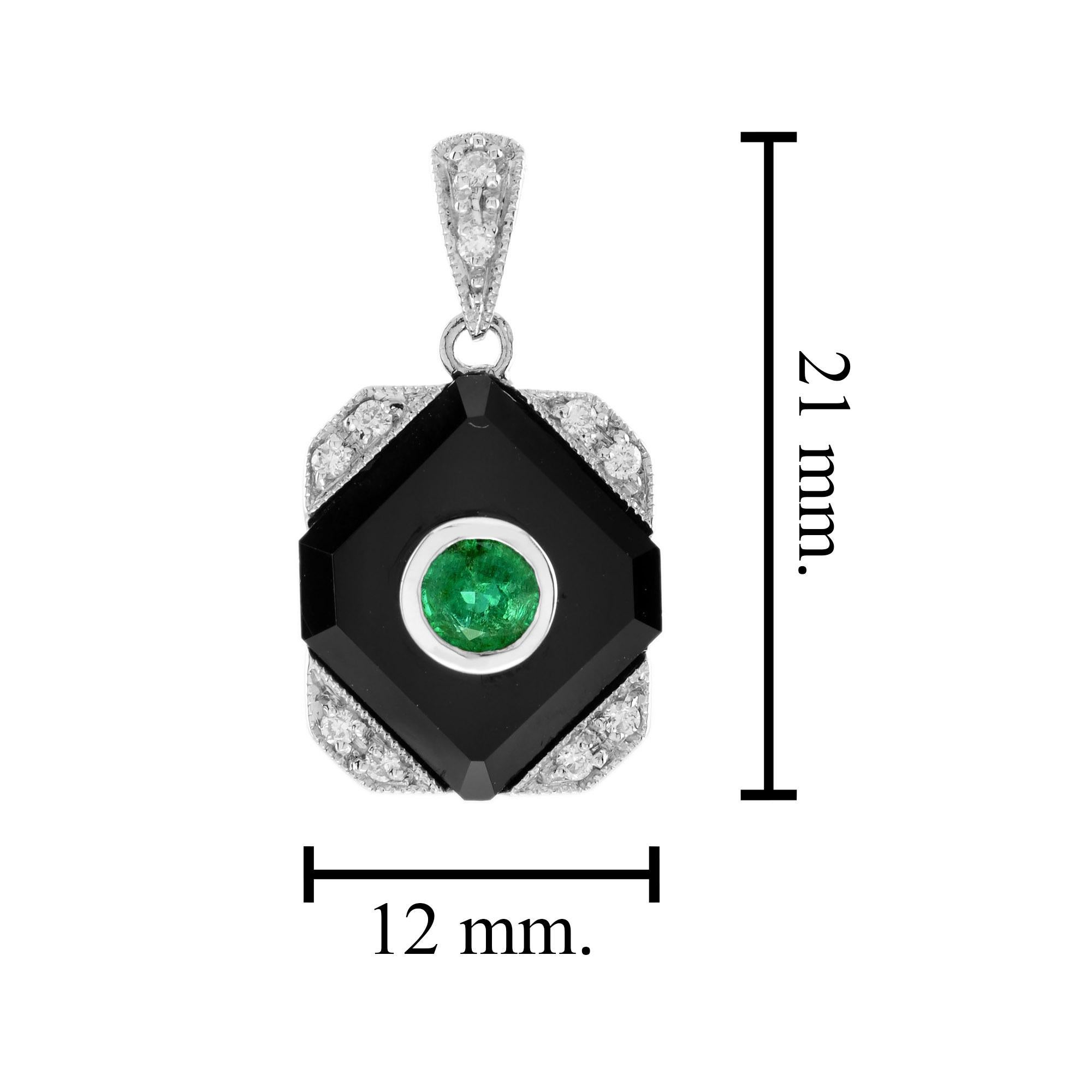 Emerald Onyx Diamond Art Deco Style Square Shape Pendant in 14K White Gold In New Condition For Sale In Bangkok, TH