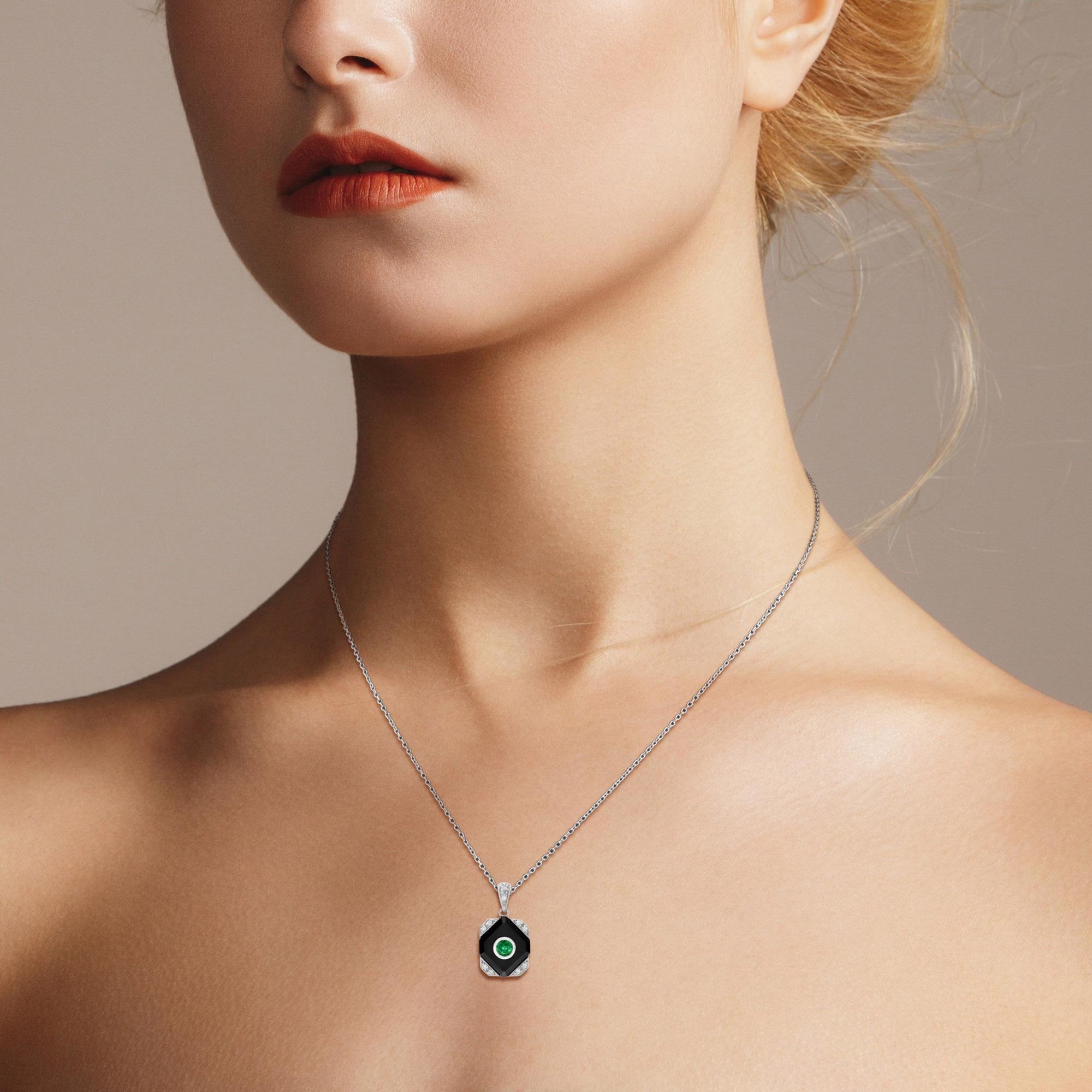 Women's Emerald Onyx Diamond Art Deco Style Square Shape Pendant in 14K White Gold For Sale