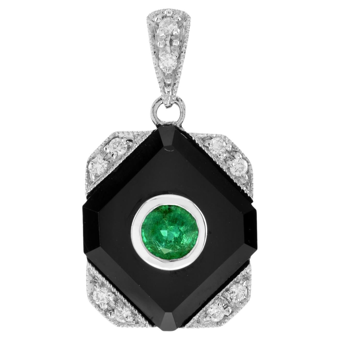 Emerald Onyx Diamond Art Deco Style Square Shape Pendant in 14K White Gold For Sale