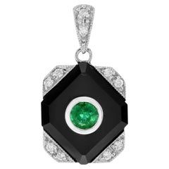 Emerald Onyx Diamond Art Deco Style Square Shape Pendant in 14K White Gold