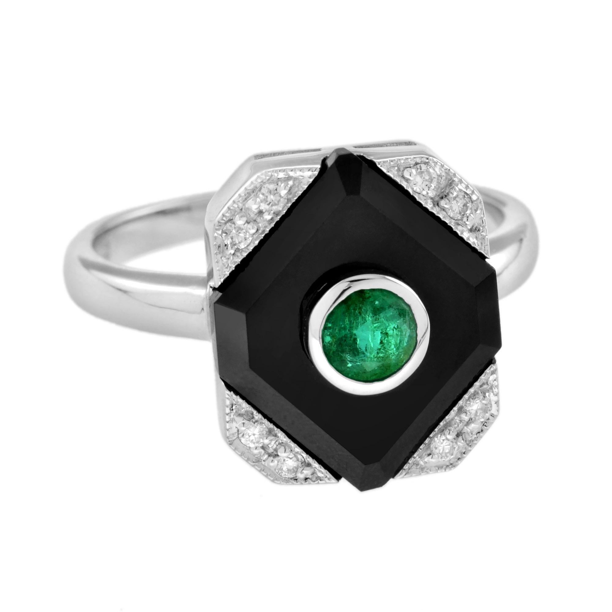 For Sale:  Emerald Onyx Diamond Art Deco Style Square Shape Ring in 14K White Gold 2