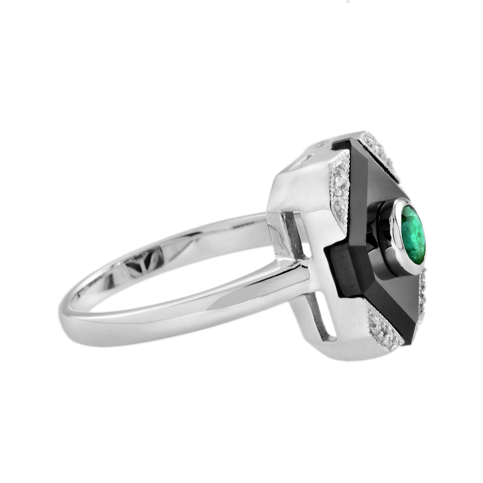 For Sale:  Emerald Onyx Diamond Art Deco Style Square Shape Ring in 14K White Gold 3
