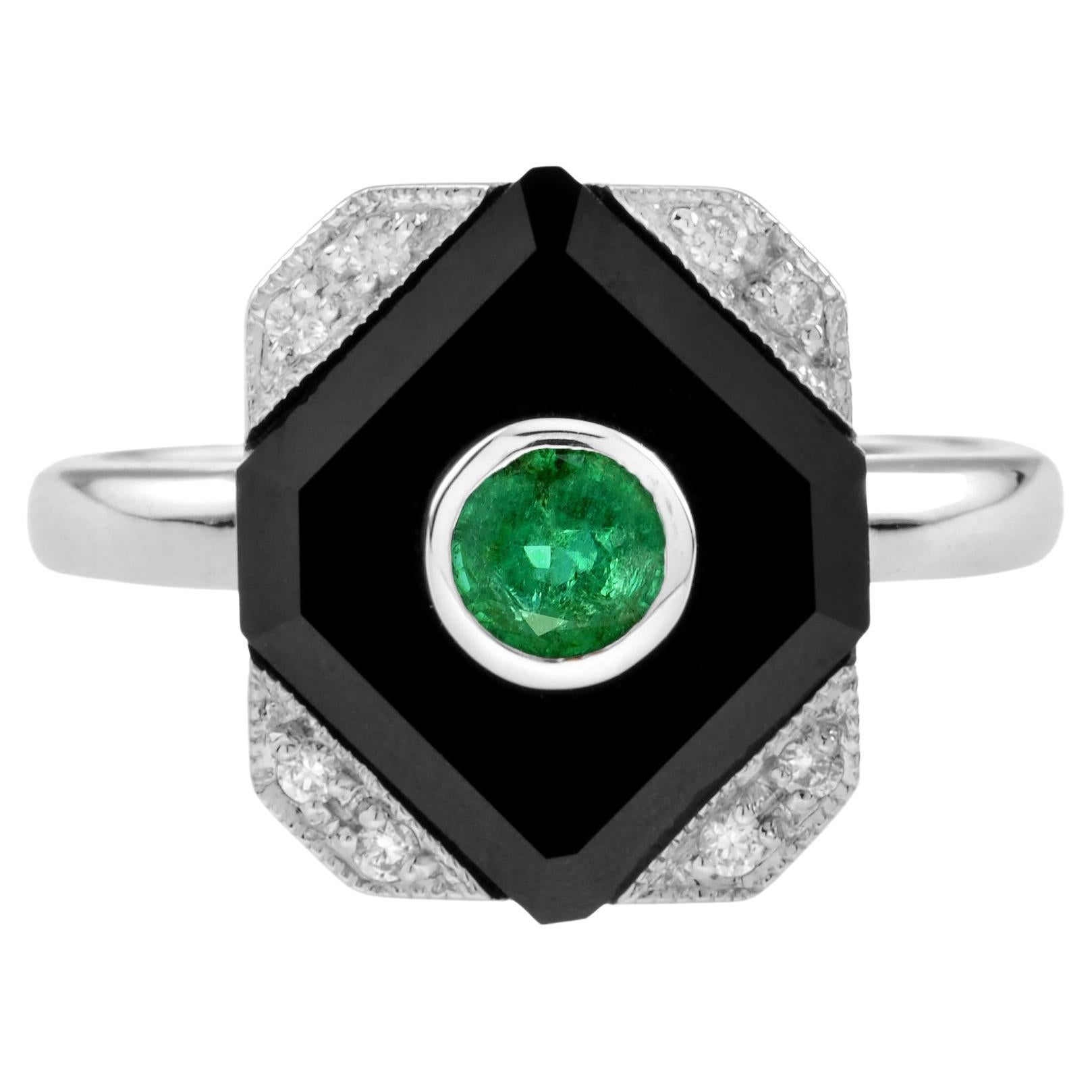 Emerald Onyx Diamond Art Deco Style Square Shape Ring in 14K White Gold