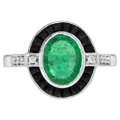 Emerald Onyx Diamond Art Deco Style Target Ring in 14K White Gold