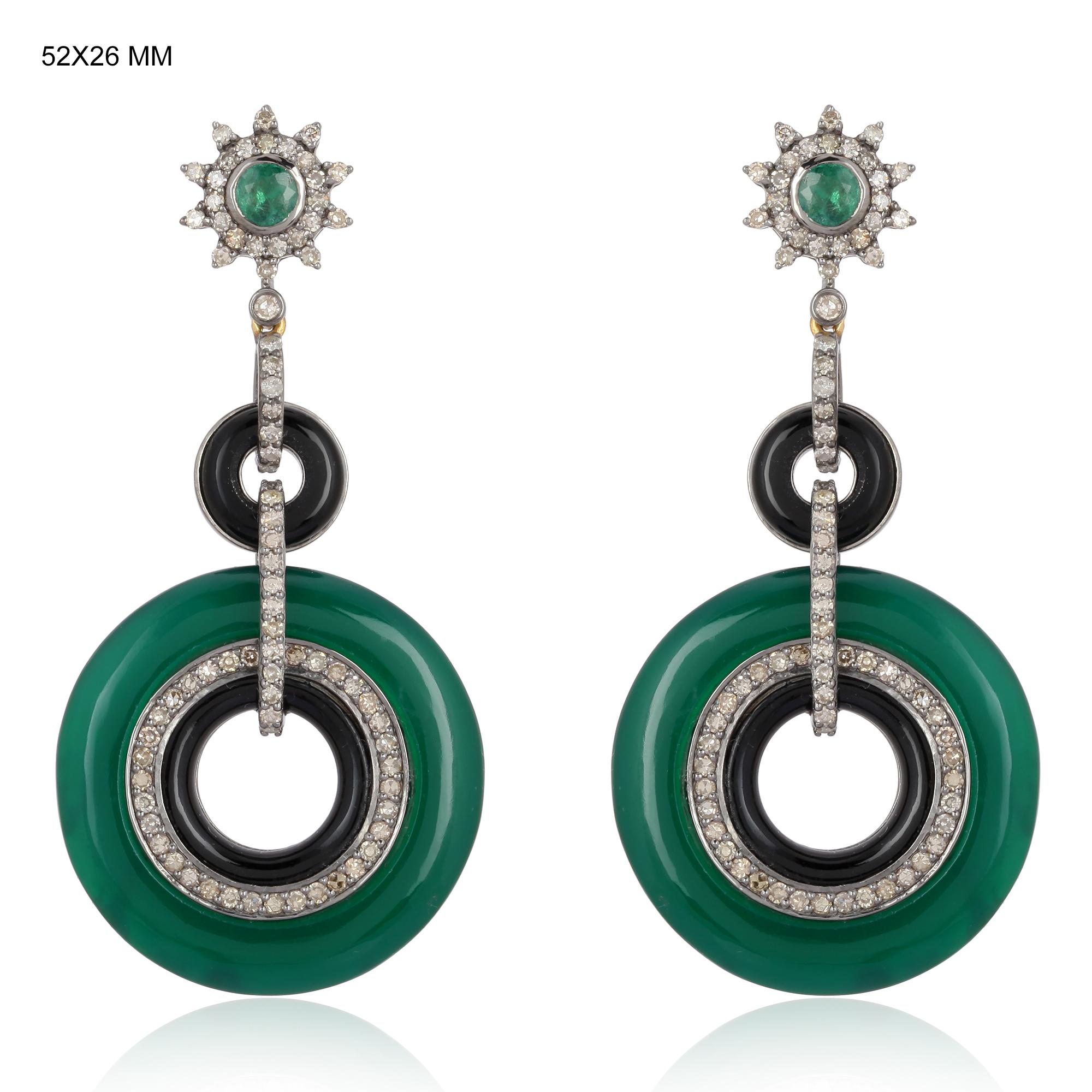 Artisan Emerald Onyx Diamond Earrings For Sale