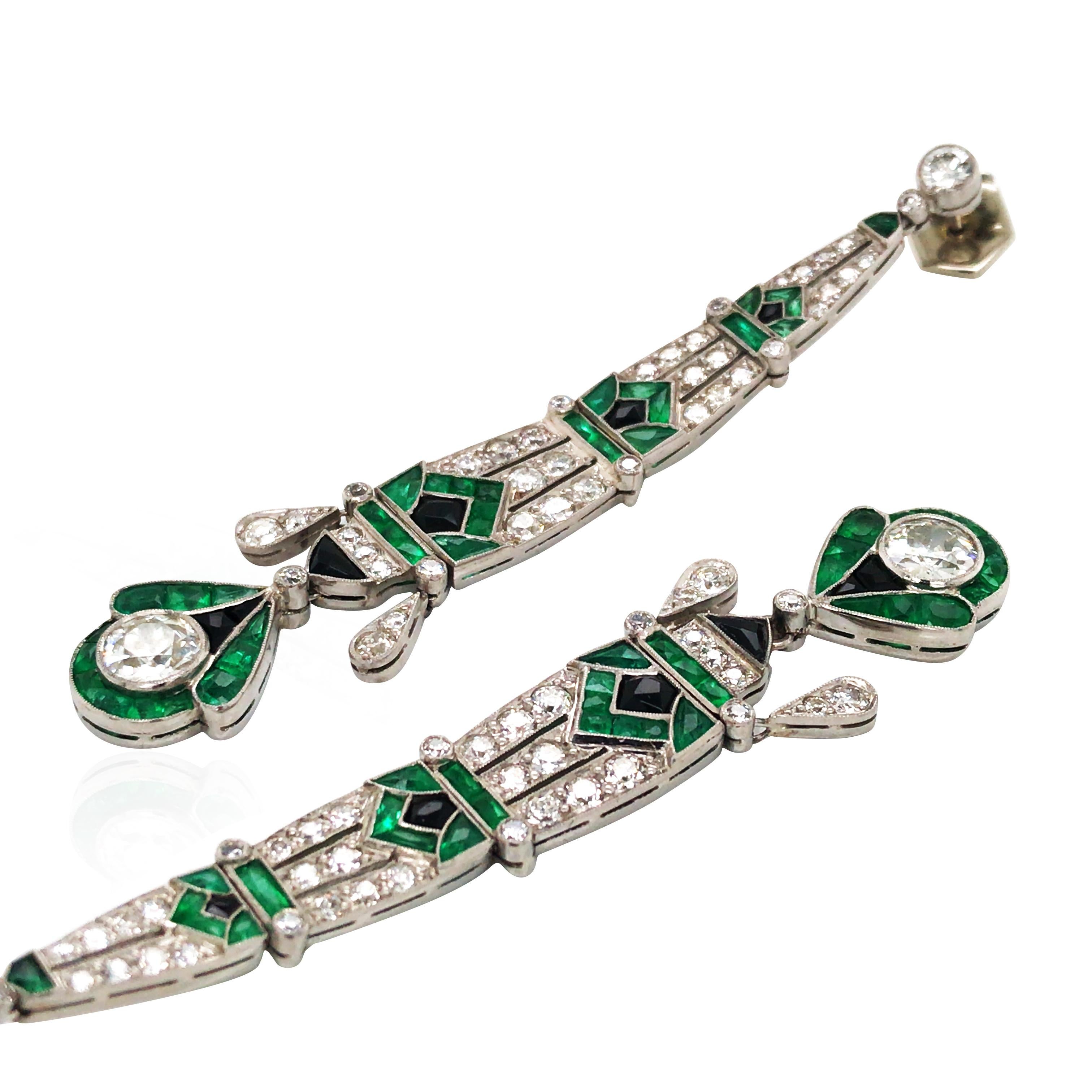 Pendientes Esmeralda Ónice Diamante Corte redondo en venta
