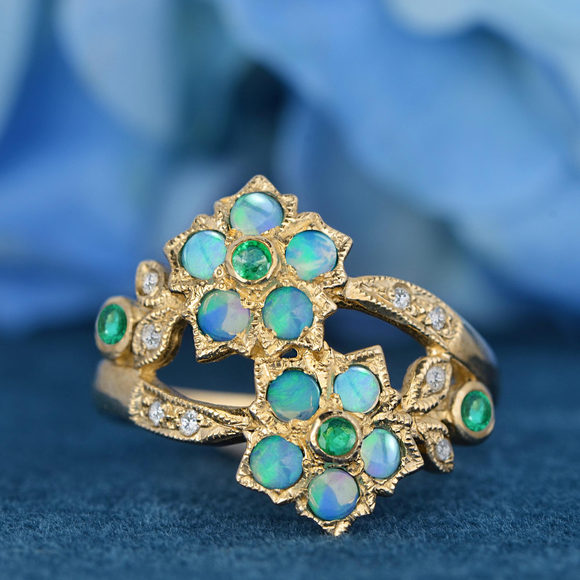 A Timeless Bloom of Elegance.
Like a flower that takes its time to bloom, this Natural Emerald, Opal, and Diamond Vintage Style Floral Cluster Ring in Solid 9K Yellow Gold unfolds its beauty gradually, revealing its full radiance with each passing